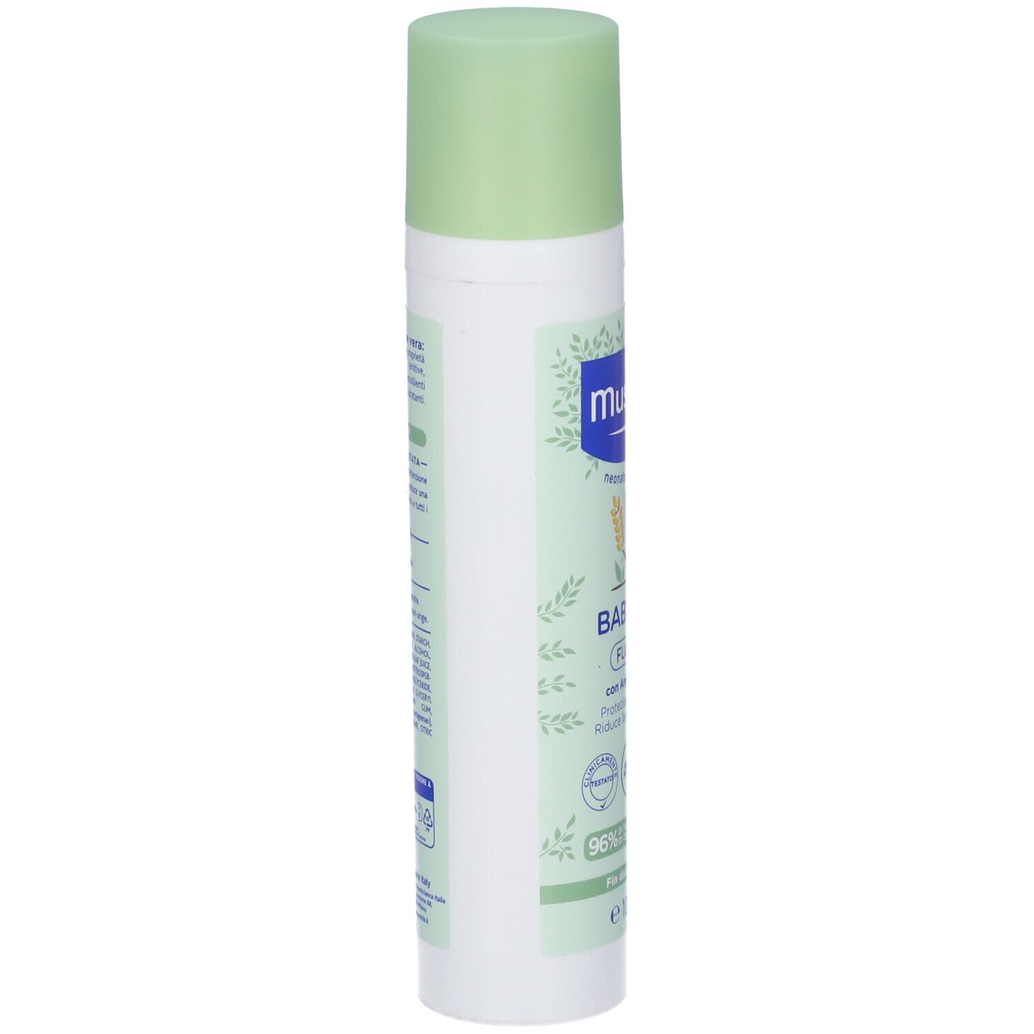 Mustela Babyzzz Fluido Spray. Vista laterale del flacone. Tappo verde, contenitore bianco. Testo e logo sul fronte.