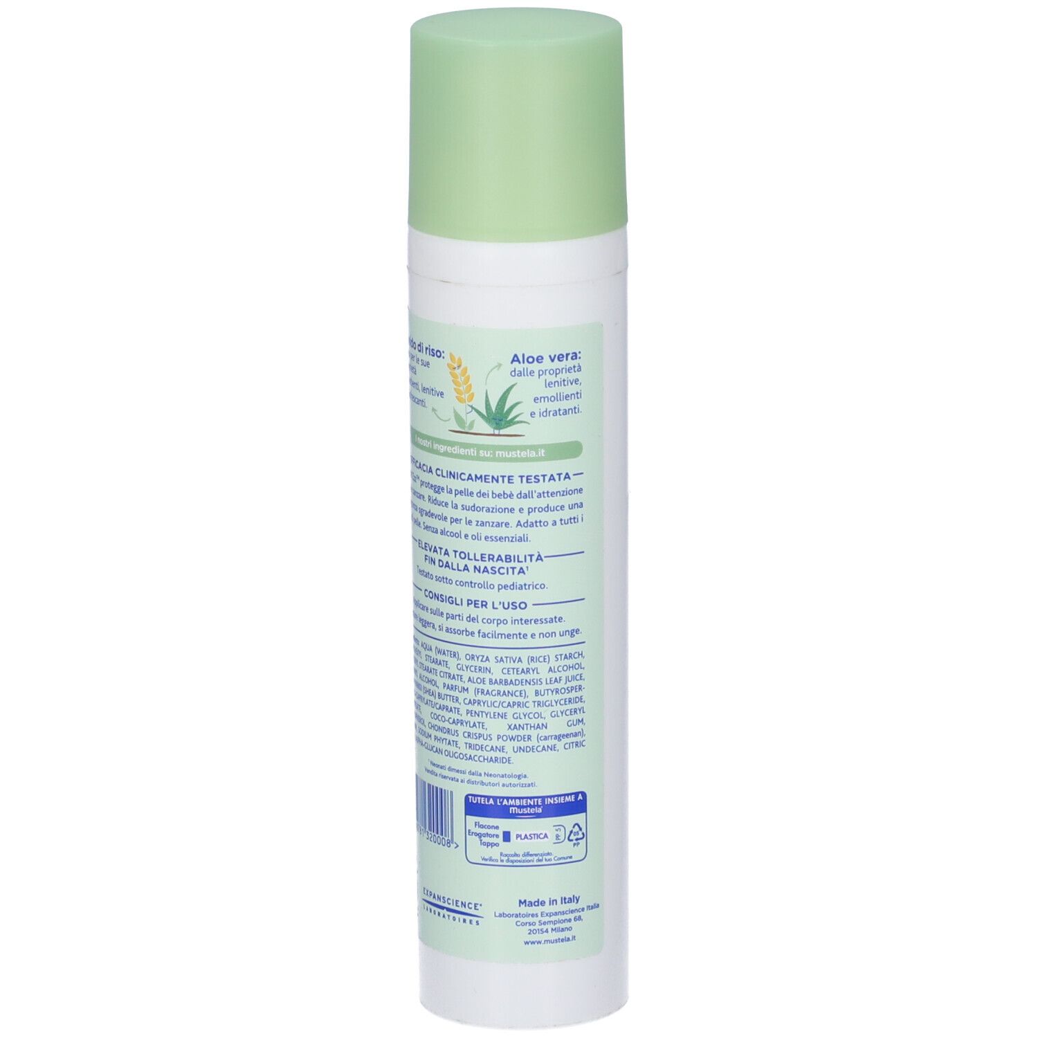 Mustela Babyzzz Fluido Spray. Retro del flacone. Testo con ingredienti e informazioni. Tappo verde, contenitore bianco.