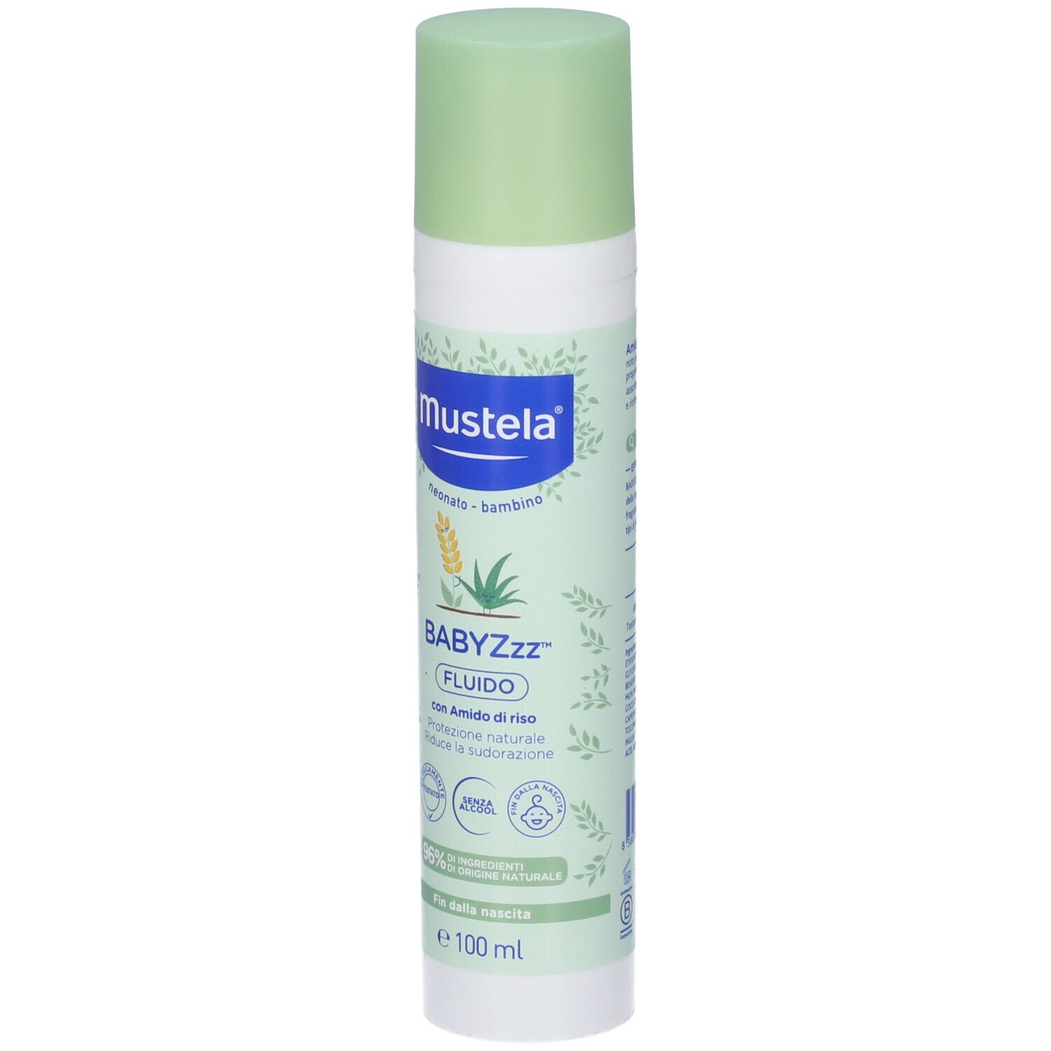 Mustela Babyzzz Fluido Spray. Flacone bianco con tappo verde. Nome del prodotto e logo sul fronte. Contiene amido di riso.