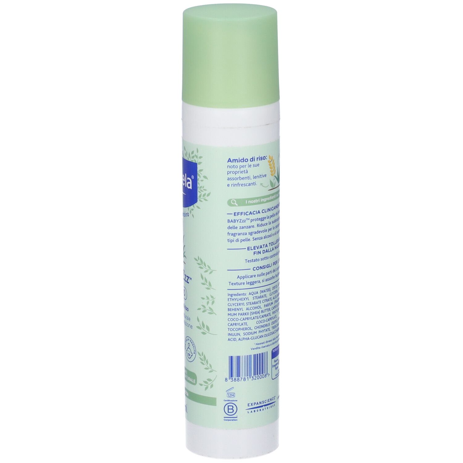 Mustela Babyzzz Fluido Spray. Retro del flacone. Testo con ingredienti e informazioni. Tappo verde, contenitore bianco.