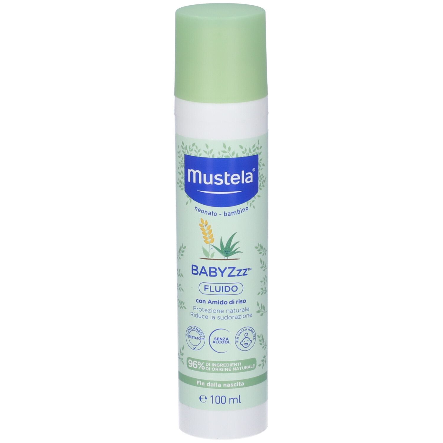 Mustela Babyzzz Fluido Spray. Flacone bianco con tappo verde. Nome del prodotto e logo sul fronte. Contiene amido di riso.
