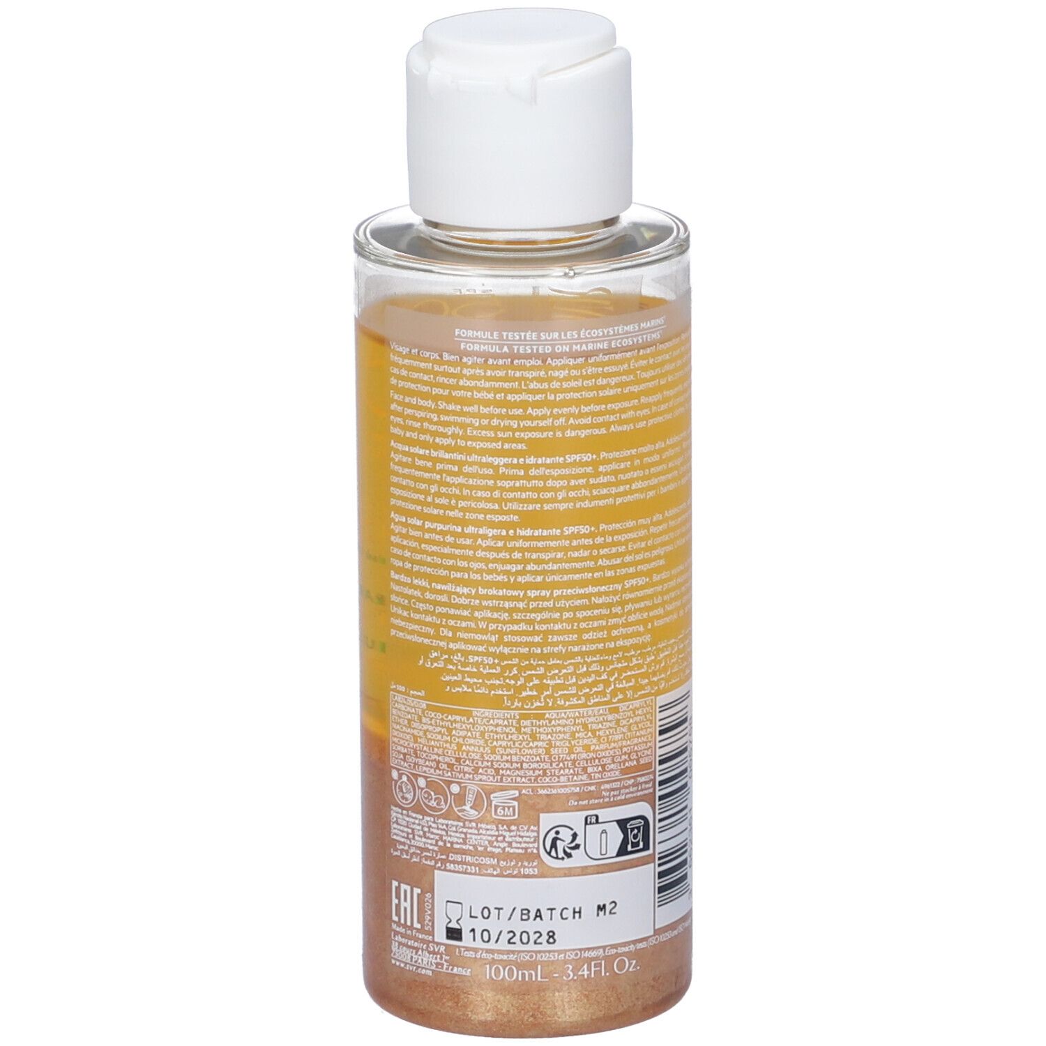 Flacone con tappo bianco. Retro con testo e codice a barre. Contiene liquido dorato. Scritta: 100ml - 3.4FL.OZ.