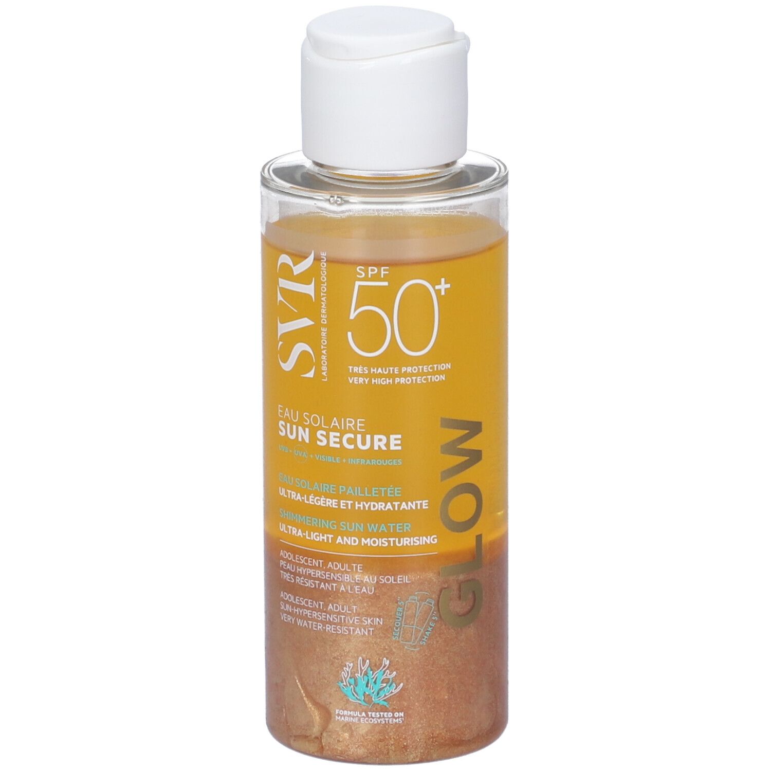Flacone trasparente con tappo bianco. Contiene liquido dorato. Scritte: SVR, SPF 50+, EAU SOLAIRE SUN SECURE GLOW.
