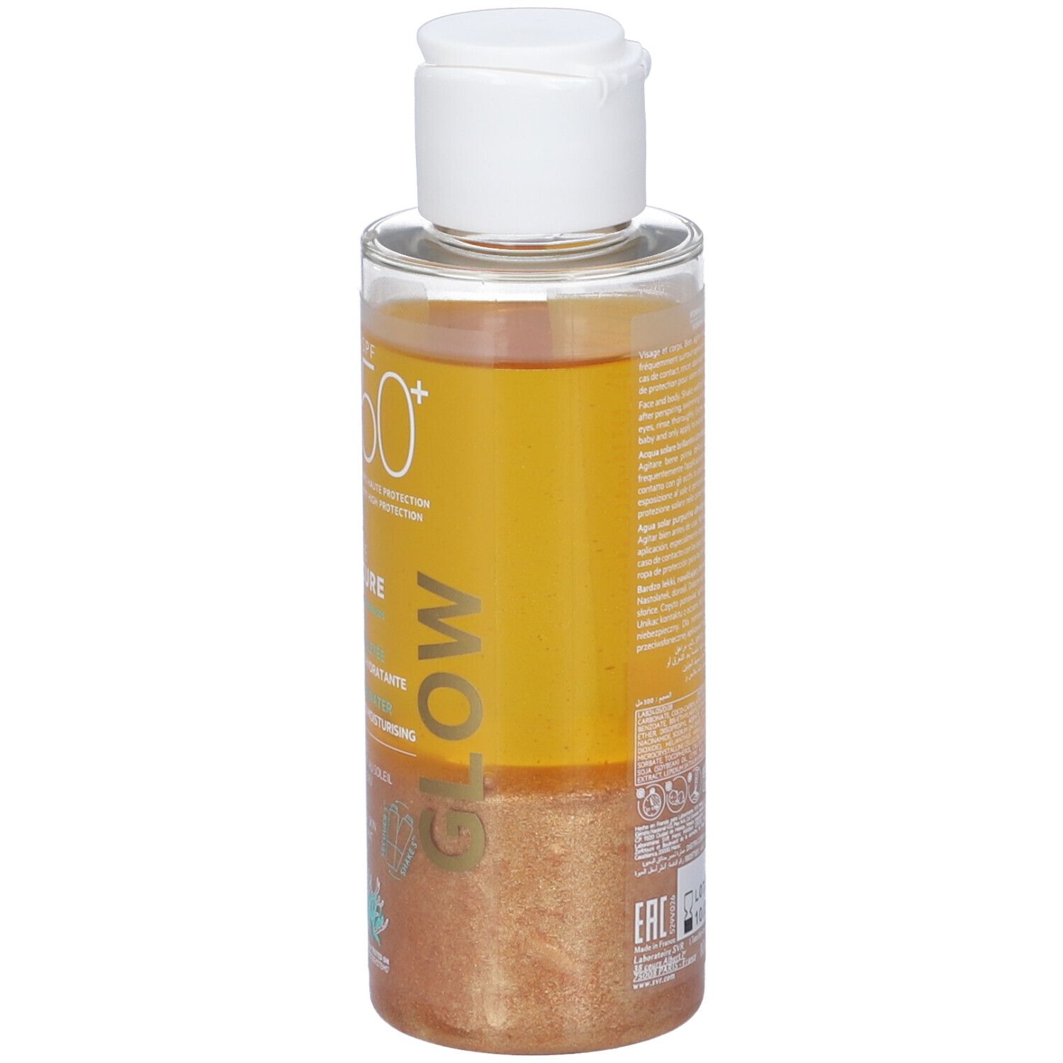 Flacone con tappo bianco. Contiene liquido dorato. Scritte: SVR, SPF 50+, EAU SOLAIRE SUN SECURE GLOW.