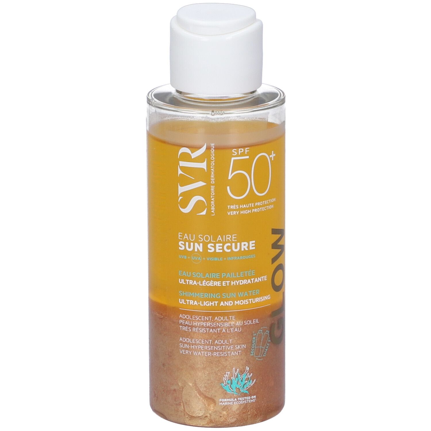 Flacone trasparente con tappo bianco. Contiene liquido dorato. Scritte: SVR, SPF 50+, EAU SOLAIRE SUN SECURE GLOW.