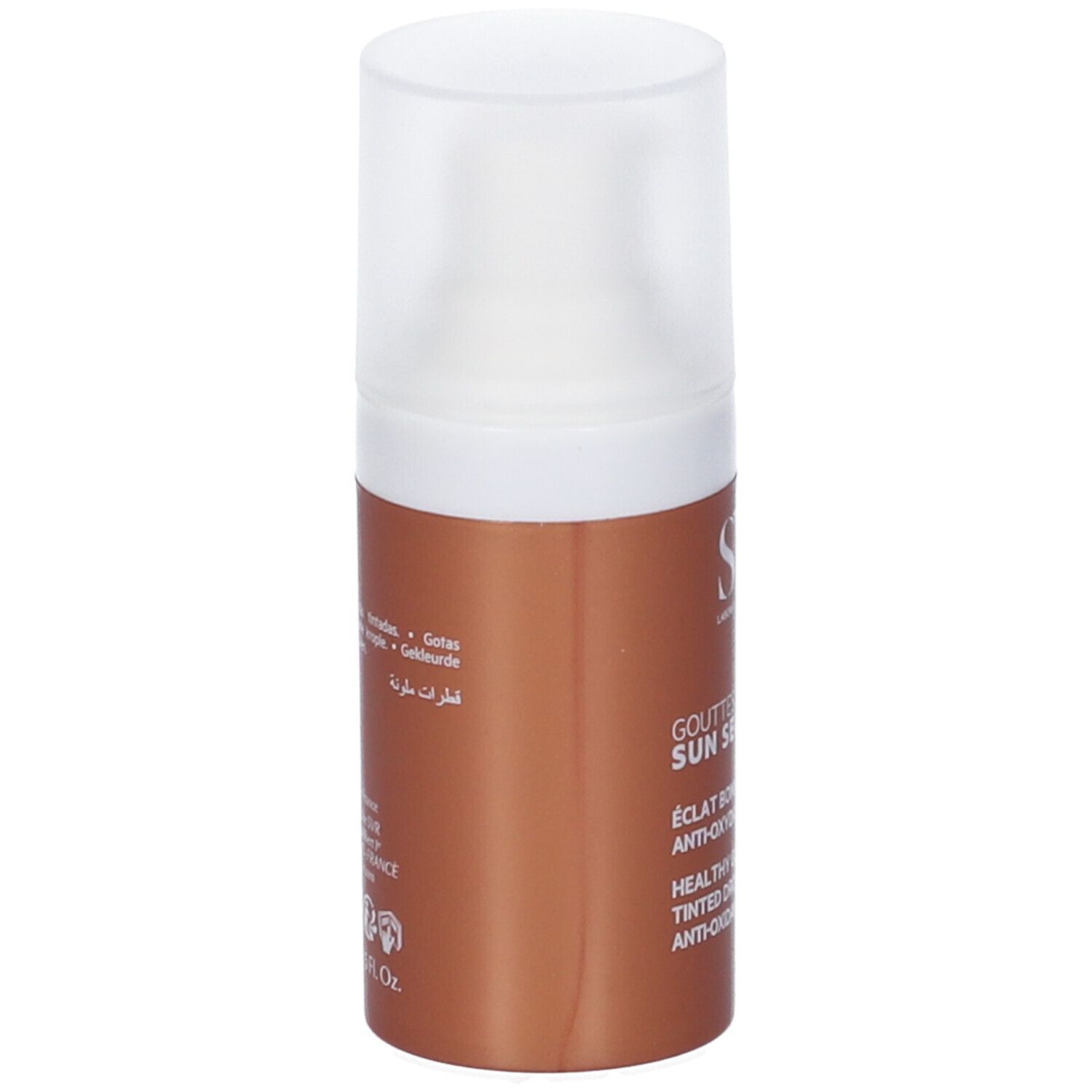 Flacone marrone con tappo bianco. Scritte: SVR, SUN SECURE, GOUTTES TEINTEES. Testo multilingue. Prodotto in Francia. 15ml - 0.5 Fl Oz.