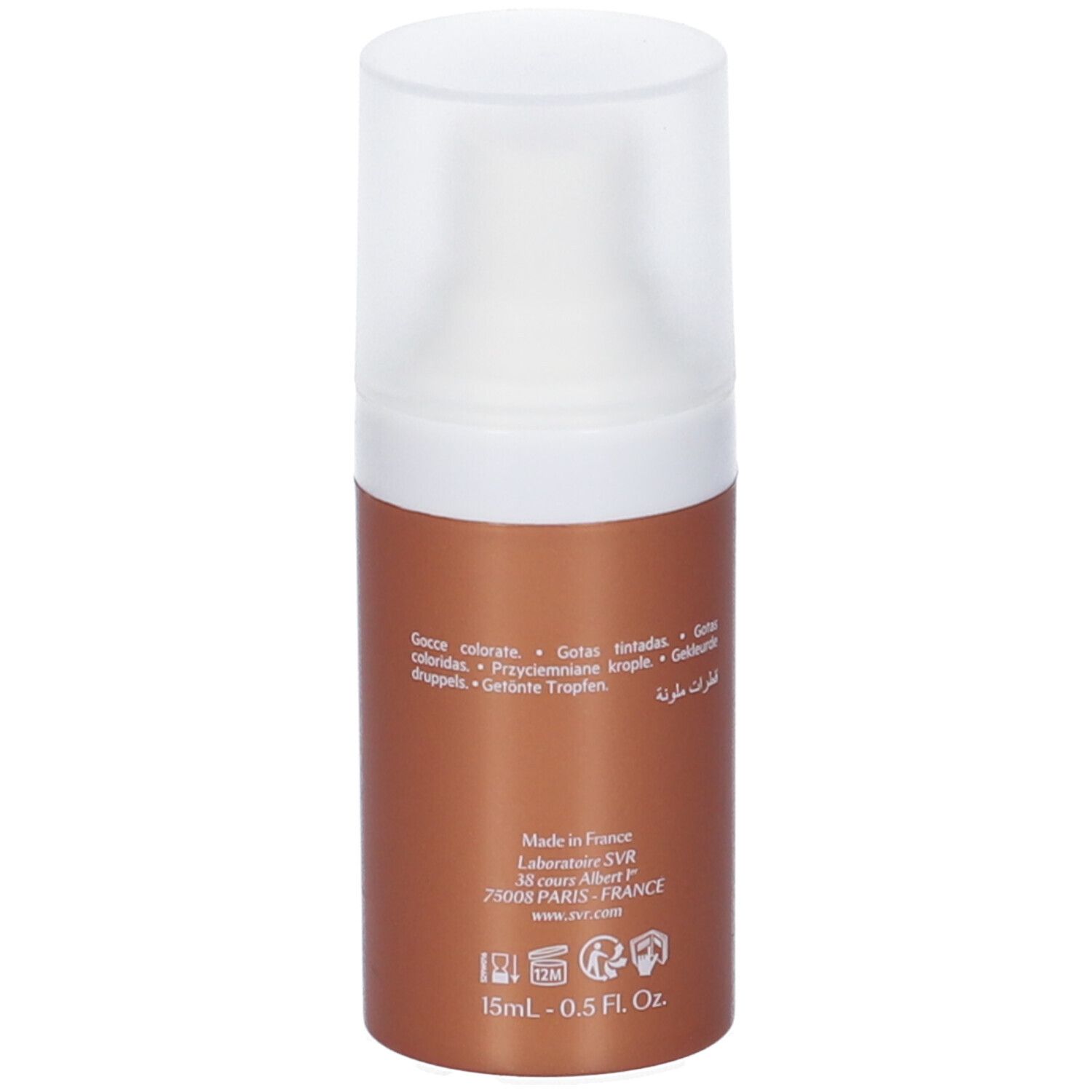 Flacone marrone con tappo bianco. Scritte: SVR, SUN SECURE, GOUTTES TEINTEES. Testo multilingue. Prodotto in Francia. 15ml - 0.5 Fl Oz.