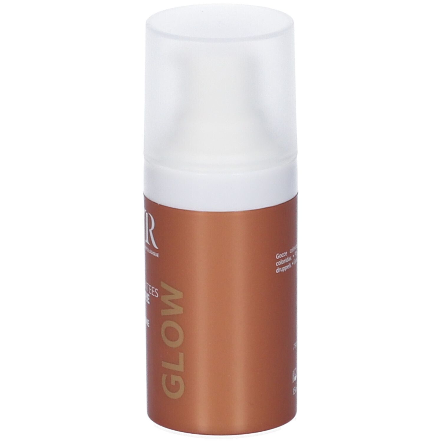 Flacone marrone con tappo bianco. Scritte: SVR, SUN SECURE, GOUTTES TEINTEES, GLOW. Testo: ÉCLAT BONNE MINE, ANTI-OXYDANT, HEALTHY GLOW, TINTED DROPS.