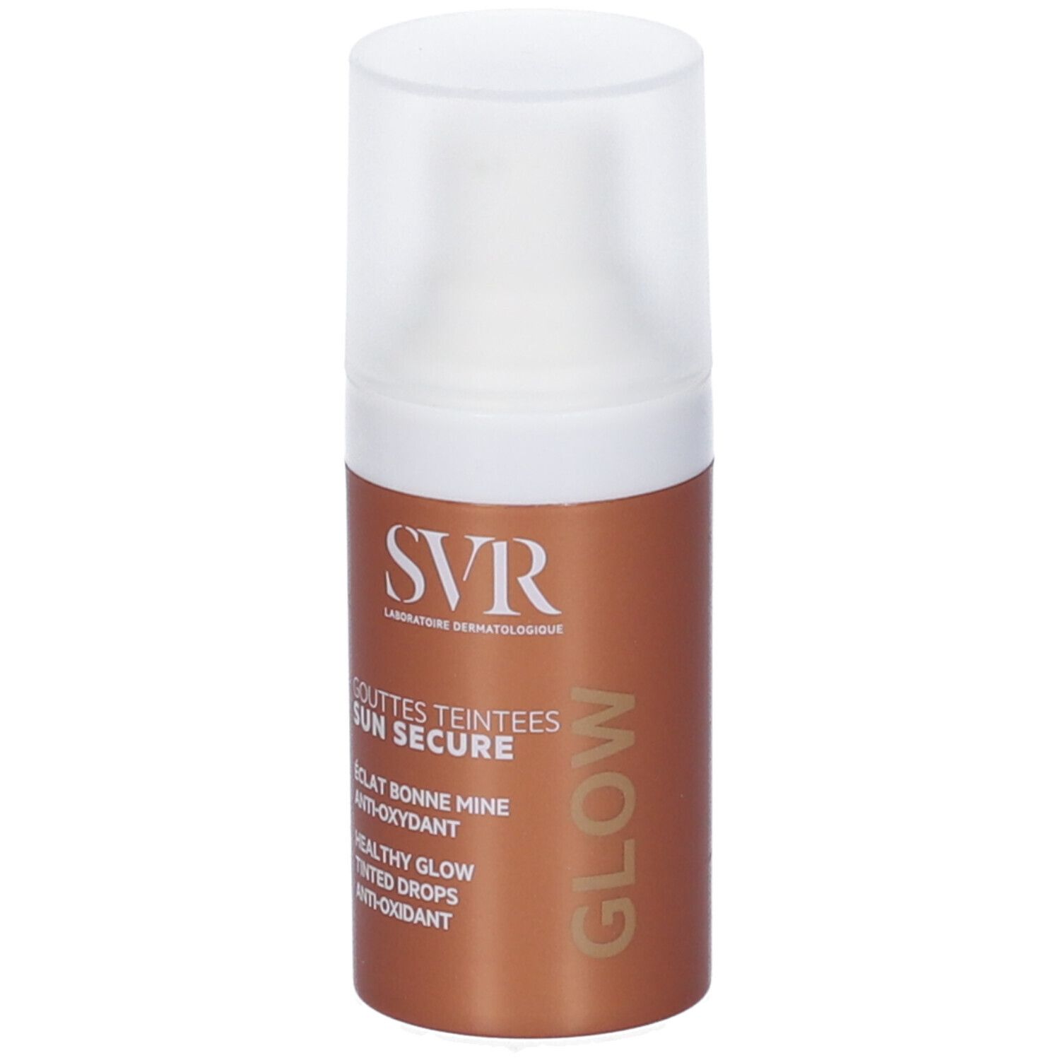 Flacone marrone con tappo bianco. Scritte: SVR, SUN SECURE, GOUTTES TEINTEES, GLOW. Testo: ÉCLAT BONNE MINE, ANTI-OXYDANT, HEALTHY GLOW, TINTED DROPS.