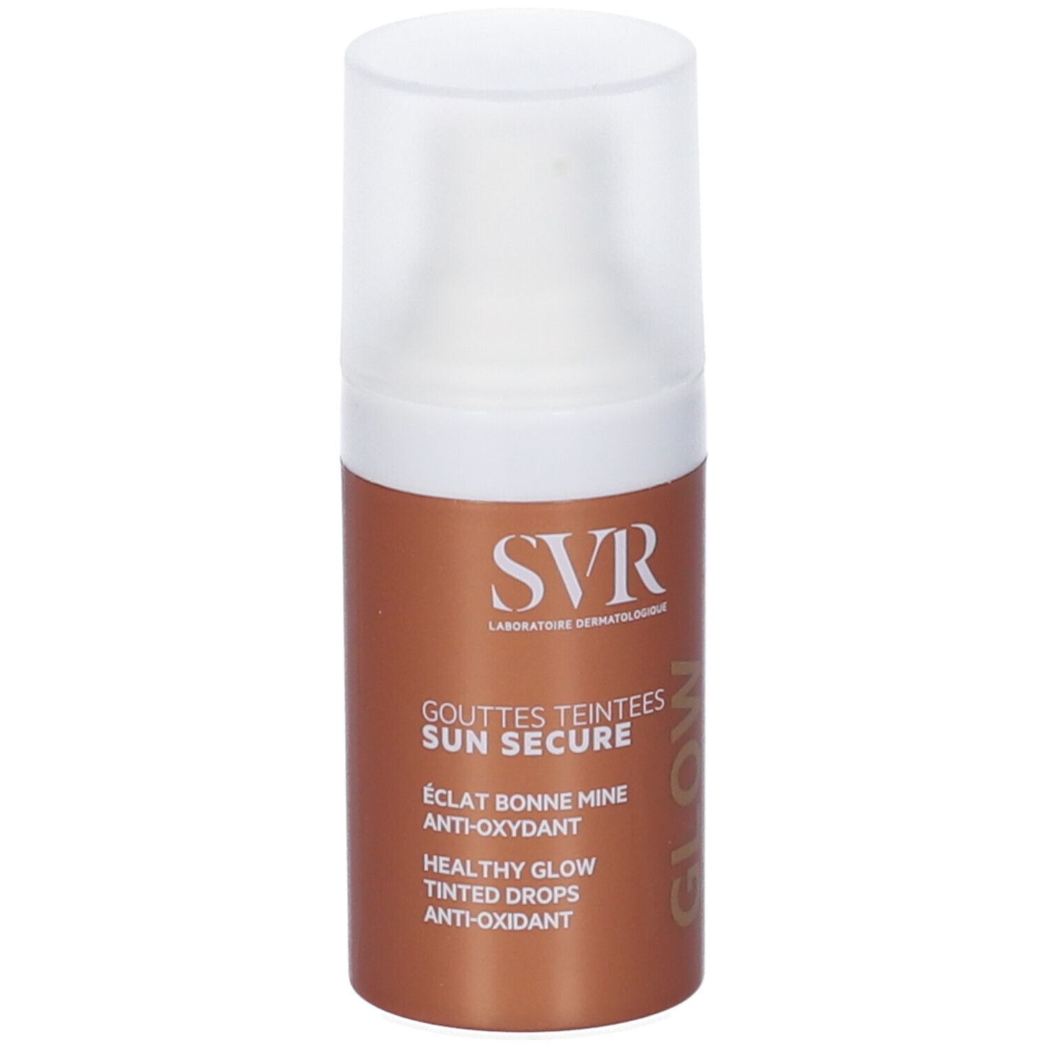 Flacone marrone con tappo bianco. Scritte: SVR, SUN SECURE, GOUTTES TEINTEES, GLOW. Testo: ÉCLAT BONNE MINE, ANTI-OXYDANT, HEALTHY GLOW, TINTED DROPS.