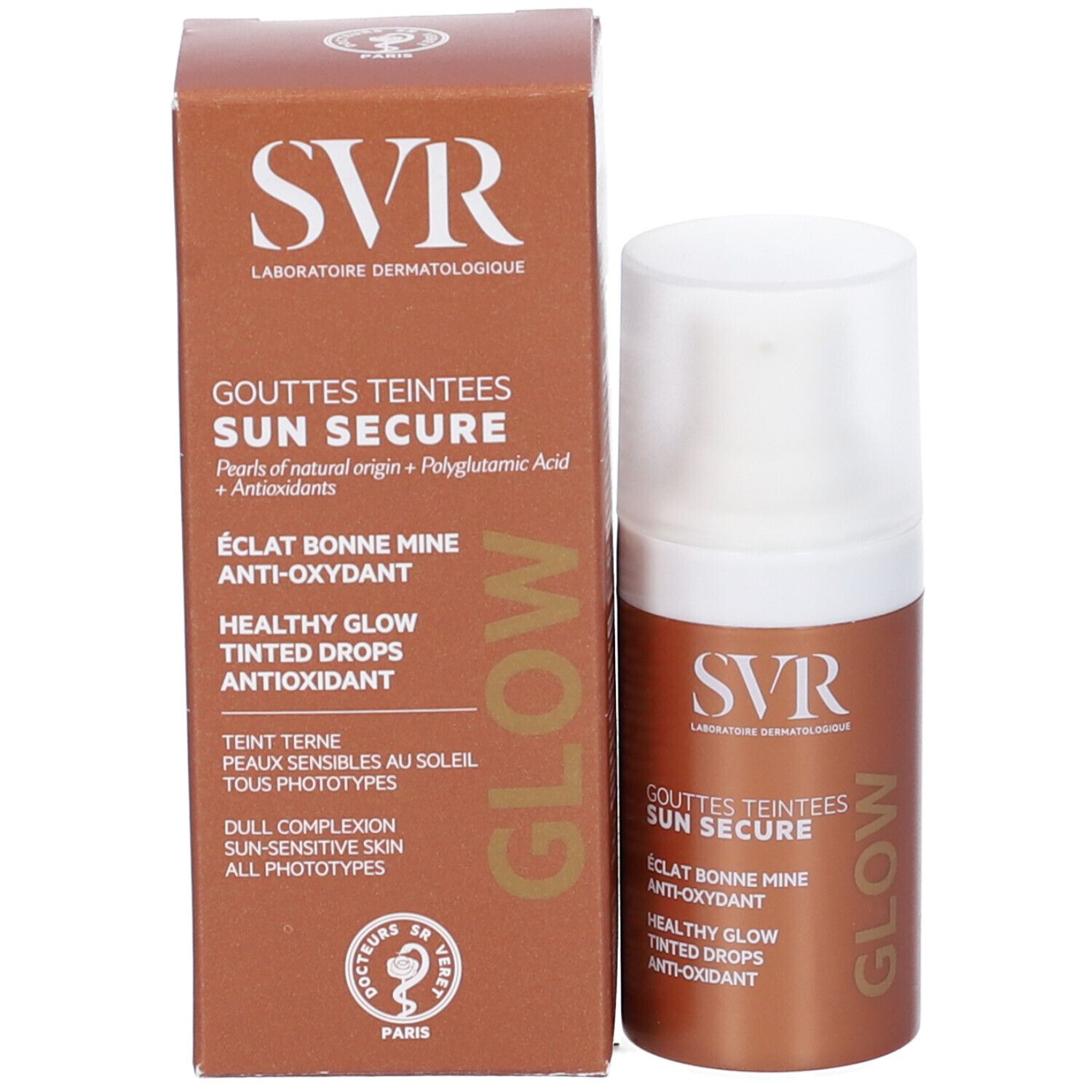 Prodotto e confezione. Scatola e flacone marroni. Scritte: SVR, SUN SECURE, GOUTTES TEINTEES, GLOW. Testo: ÉCLAT BONNE MINE, ANTI-OXYDANT, HEALTHY GLOW.