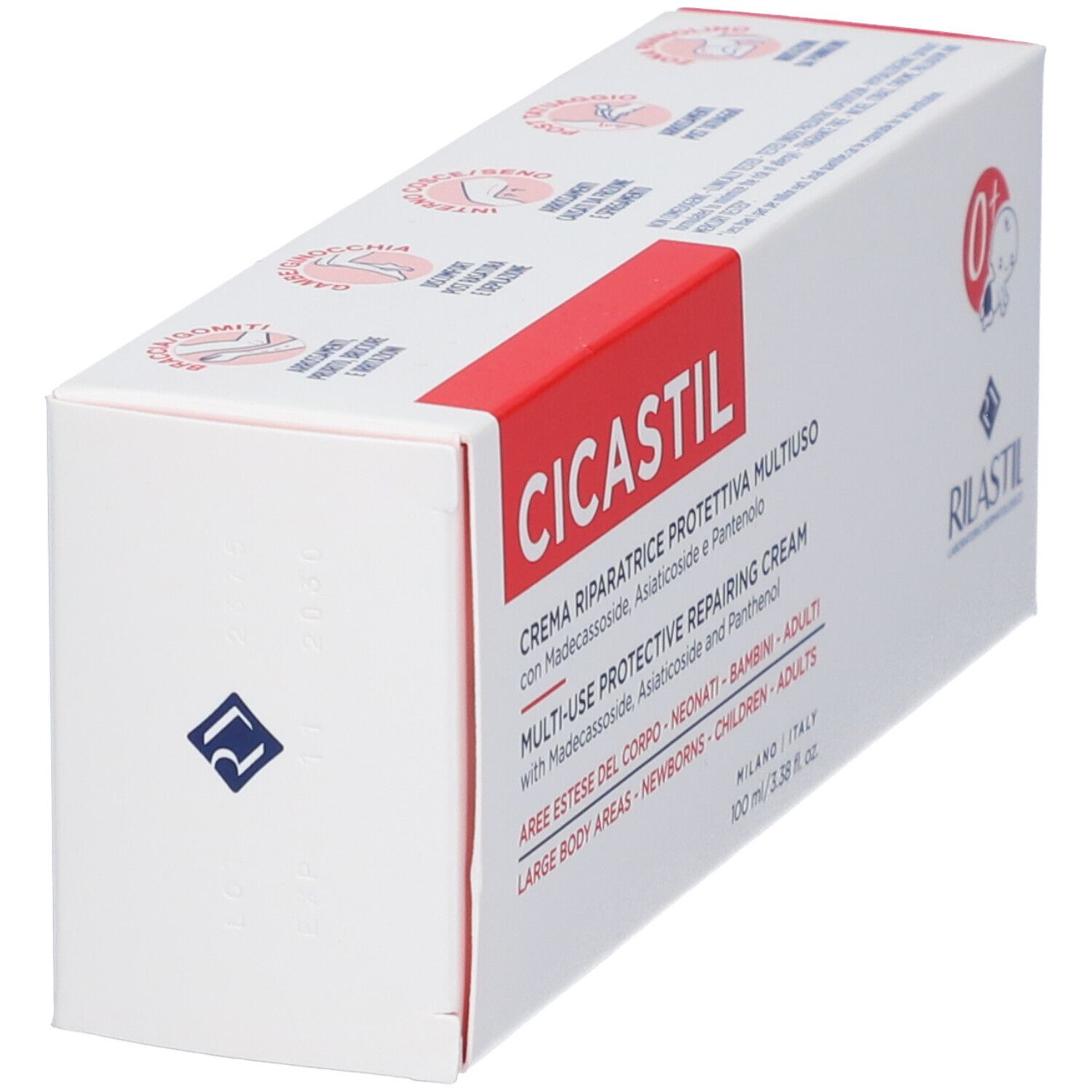 Scatola bianca, fascia rossa con scritta CICASTIL. Informazioni prodotto. Logo e simbolo 0+.