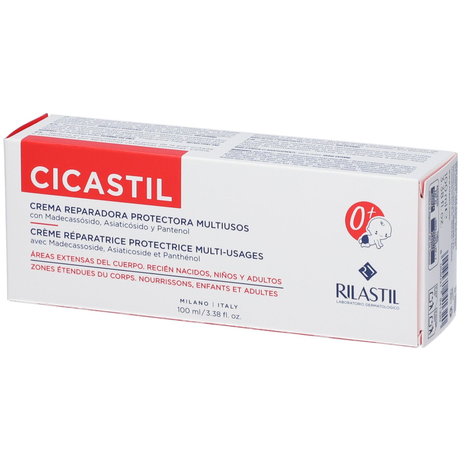 Scatola bianca con fascia rossa. Scritta CICASTIL, informazioni prodotto. Logo e simbolo 0+.