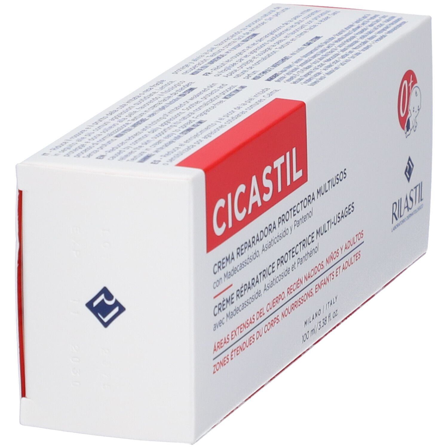 Scatola bianca, fascia rossa con scritta CICASTIL. Informazioni prodotto. Logo e simbolo 0+.