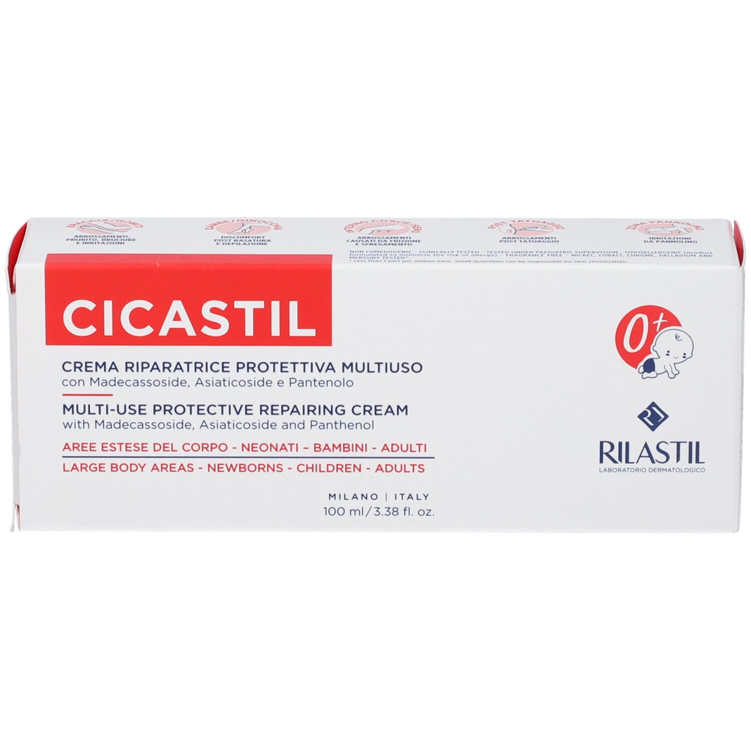 Scatola bianca con fascia rossa. Scritta CICASTIL, informazioni prodotto. Logo e simbolo 0+.