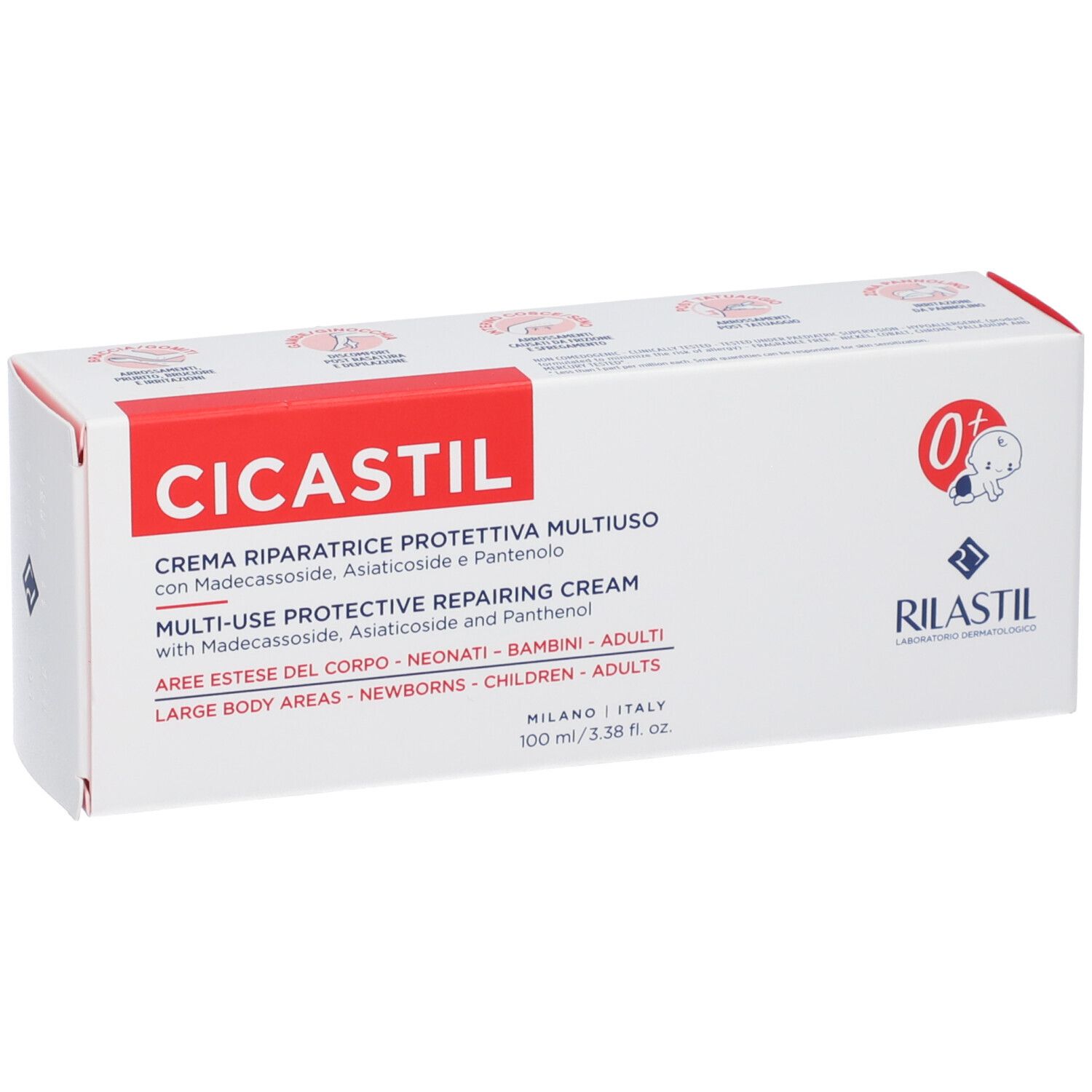 Scatola bianca con fascia rossa. Scritta CICASTIL, informazioni prodotto. Logo e simbolo 0+.