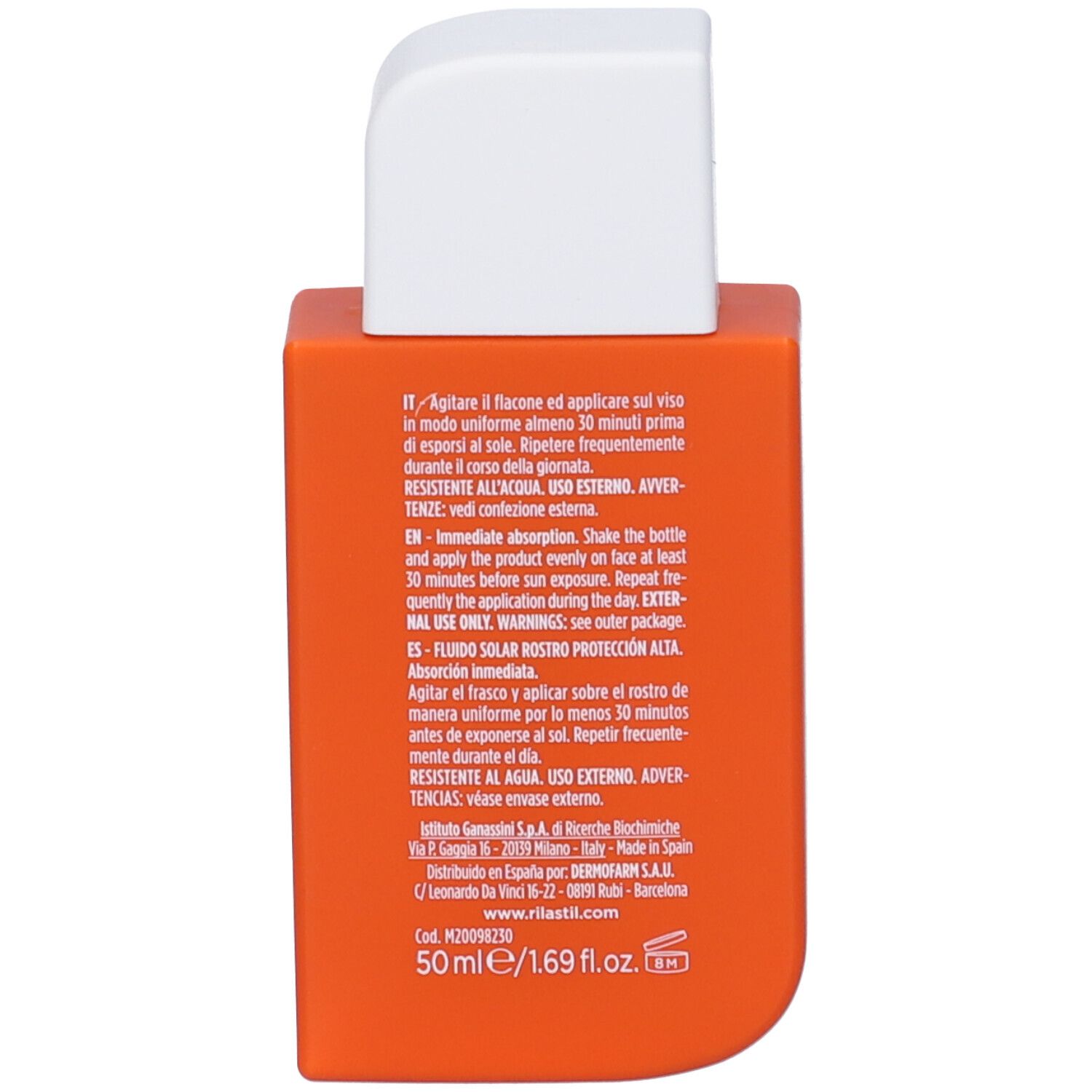 Retro del flacone arancione. Testo multilingue. Resistente all'acqua. 50 ml.