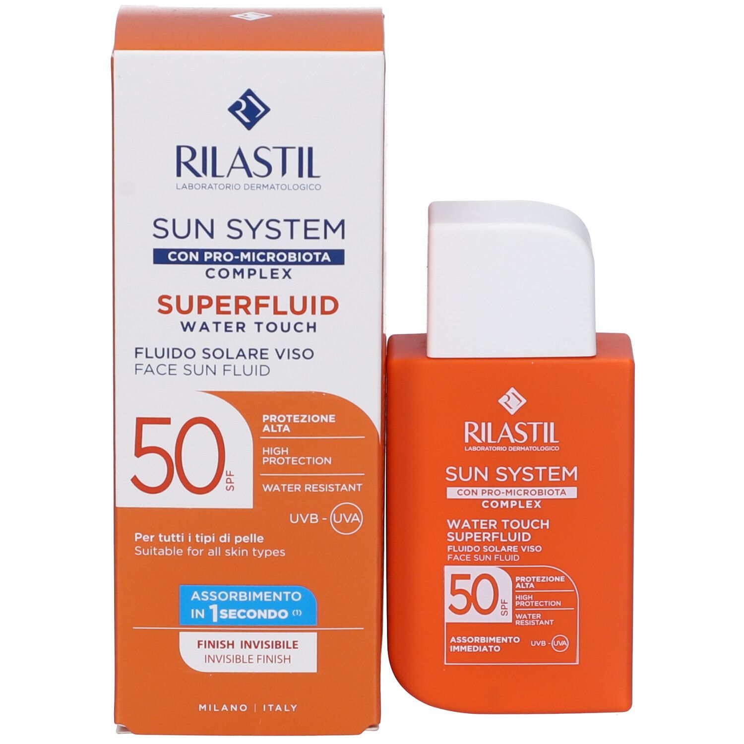 Flacone e confezione. Scritta: Rilastil Sun System, SPF 50. Per tutti i tipi di pelle.