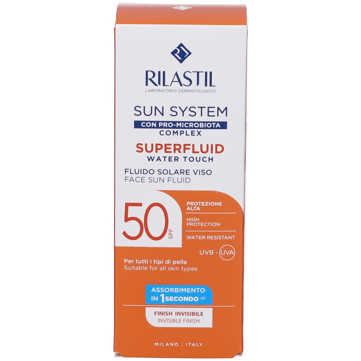 Confezione. Scritta: Rilastil Sun System, SPF 50. Per tutti i tipi di pelle. Finish invisibile.
