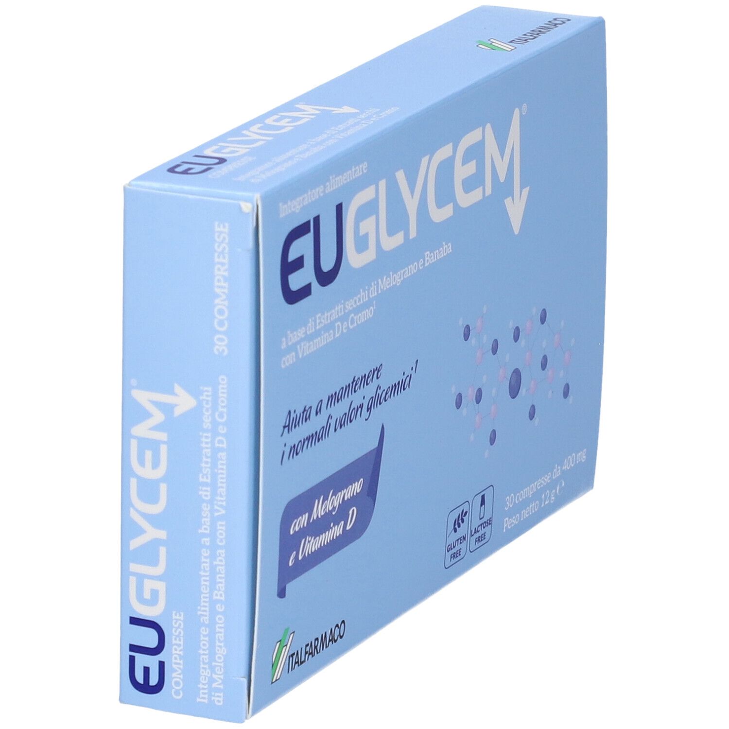 Scatola di integratore alimentare EUGlycem, fronte e lato con informazioni sul prodotto.
