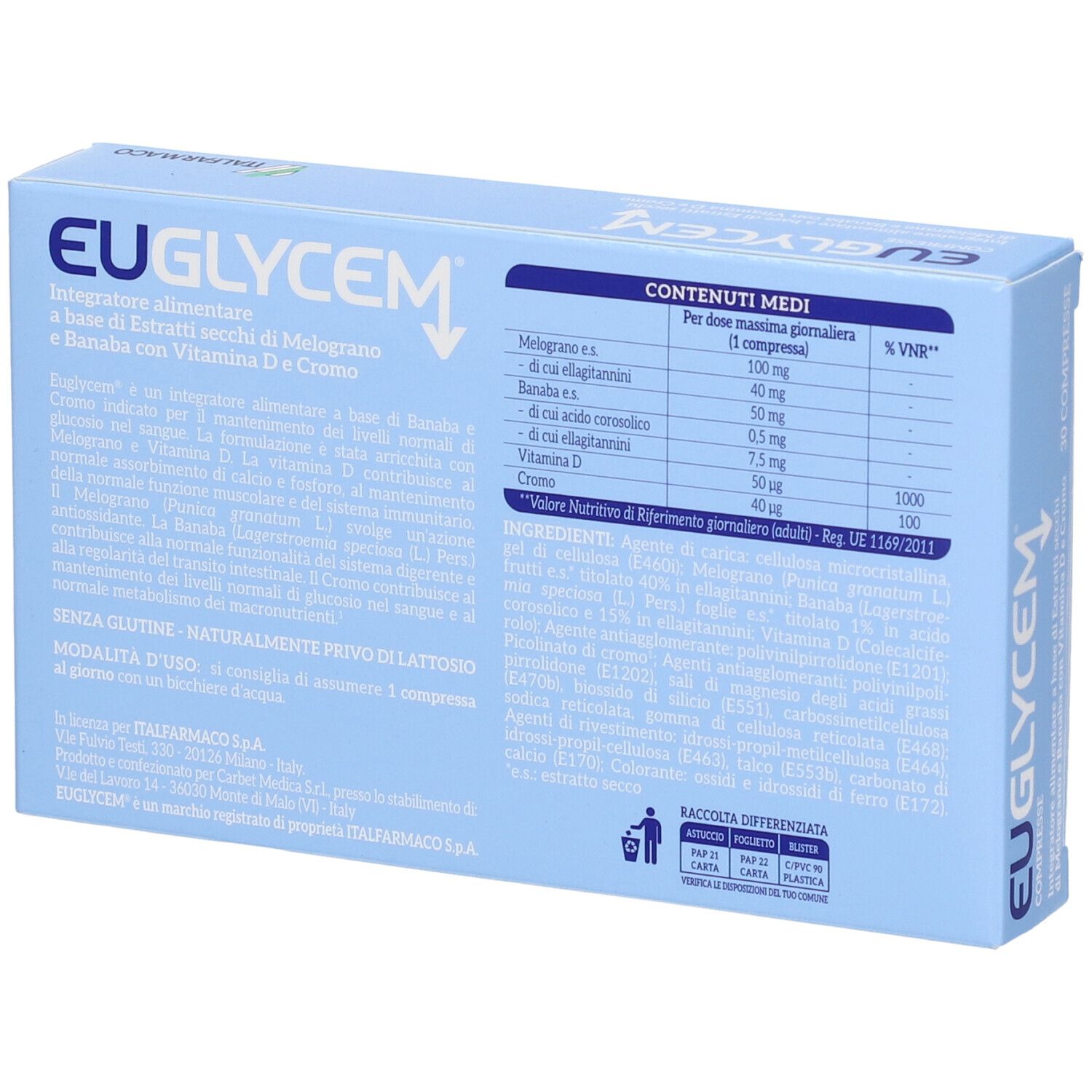 Retro della scatola di integratore alimentare EUGlycem con tabella nutrizionale e ingredienti.