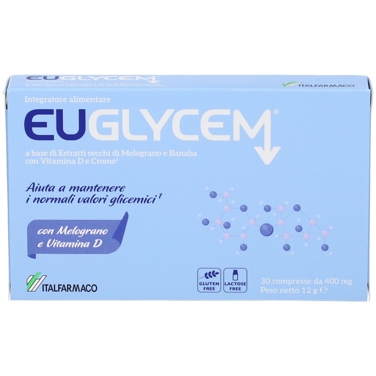 Scatola di integratore alimentare EUGlycem, fronte con nome del prodotto e ingredienti.