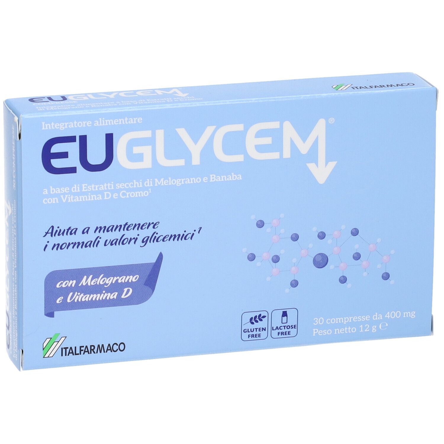 Scatola di integratore alimentare EUGlycem, fronte con nome del prodotto e ingredienti.