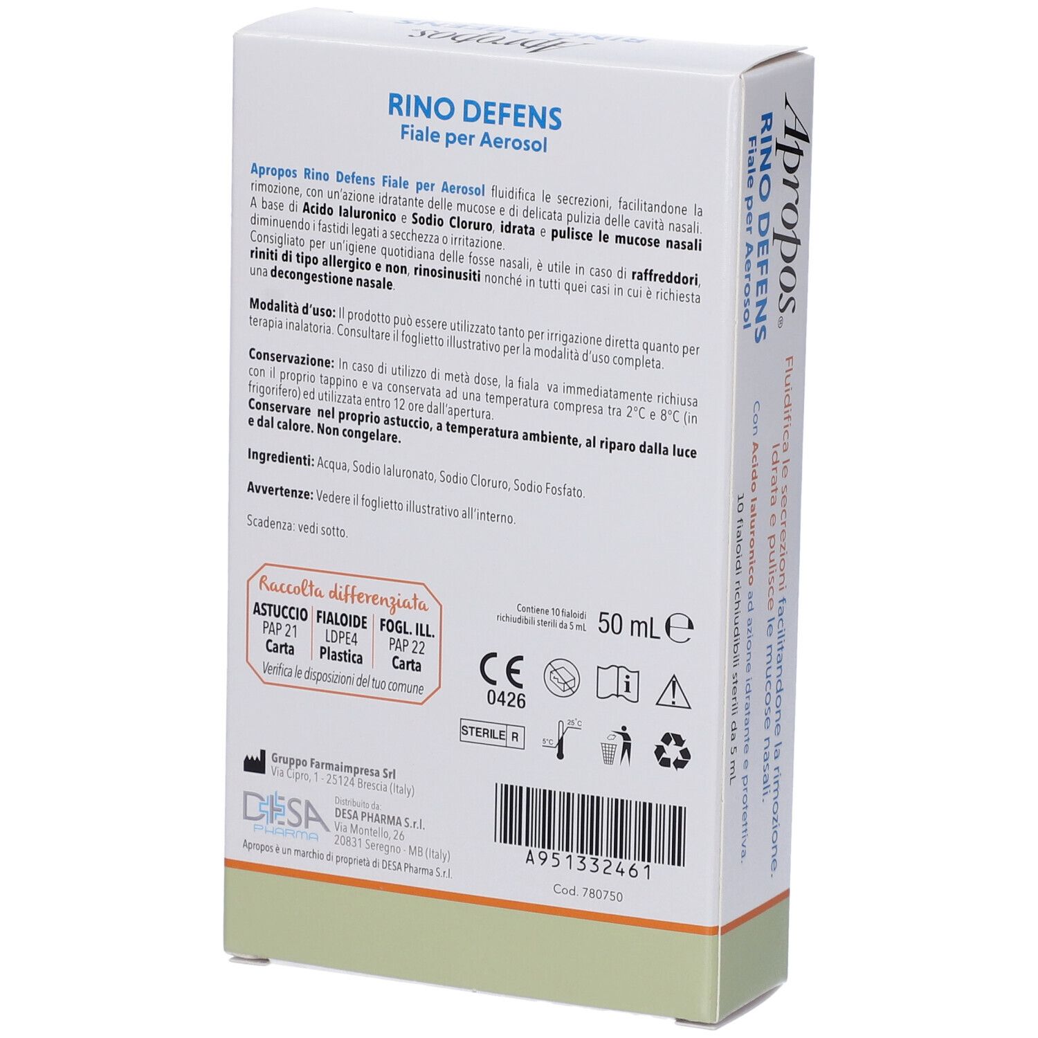 Retro della confezione APROPOS RINO DEFENS. Testo in italiano. Contiene 50 ml.