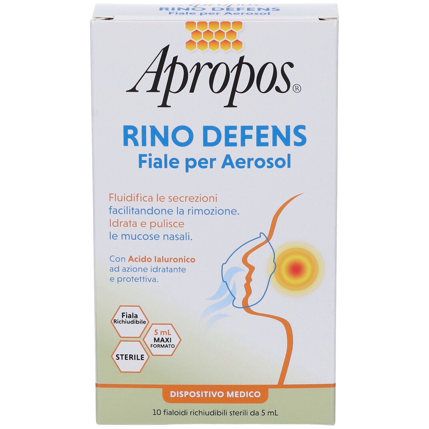 Confezione di APROPOS RINO DEFENS. Scritto: RINO DEFENS Fiale per Aerosol. 10 fiale sterili. Dispositivo medico.