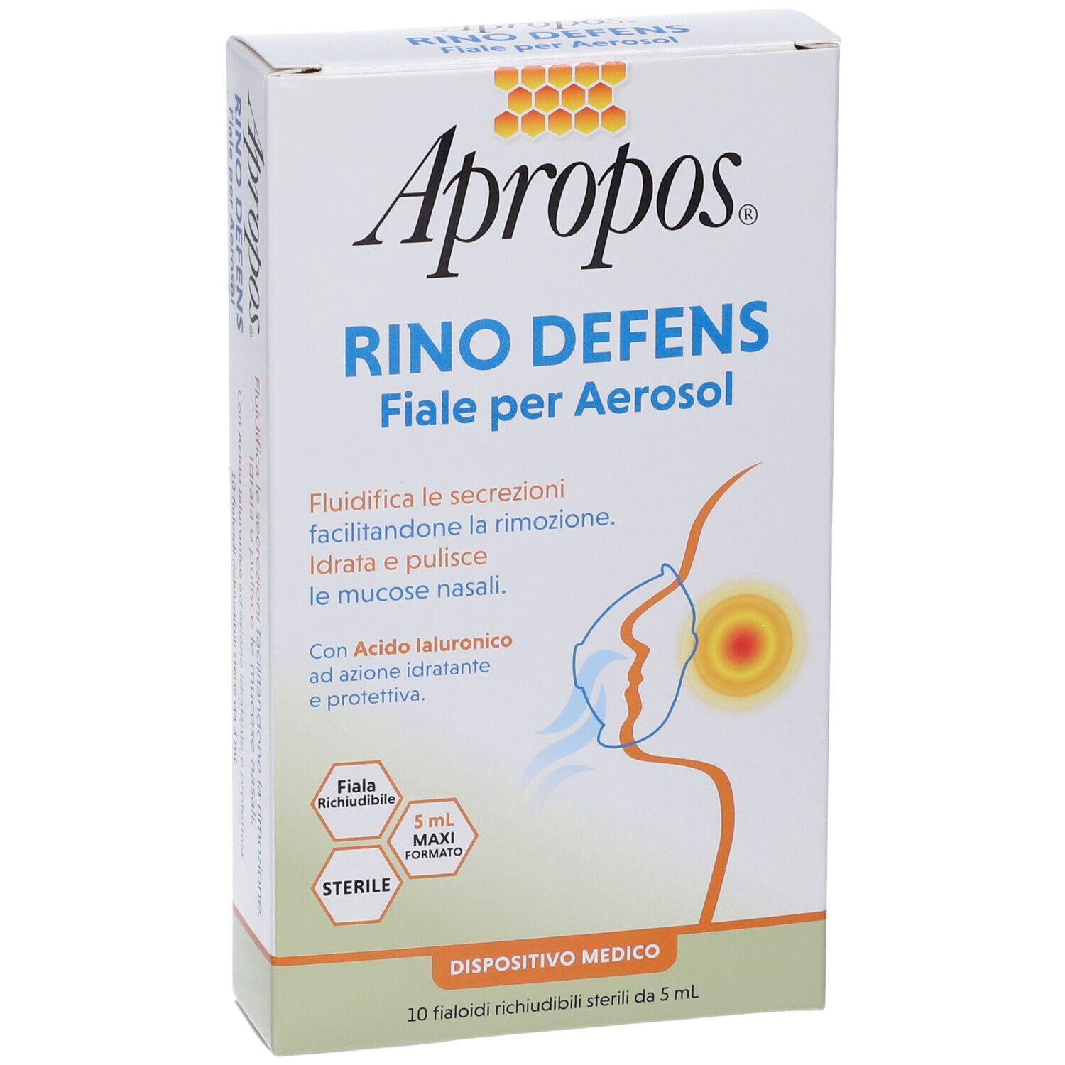 Confezione di APROPOS RINO DEFENS. Scritto: RINO DEFENS Fiale per Aerosol. 10 fiale sterili. Dispositivo medico.