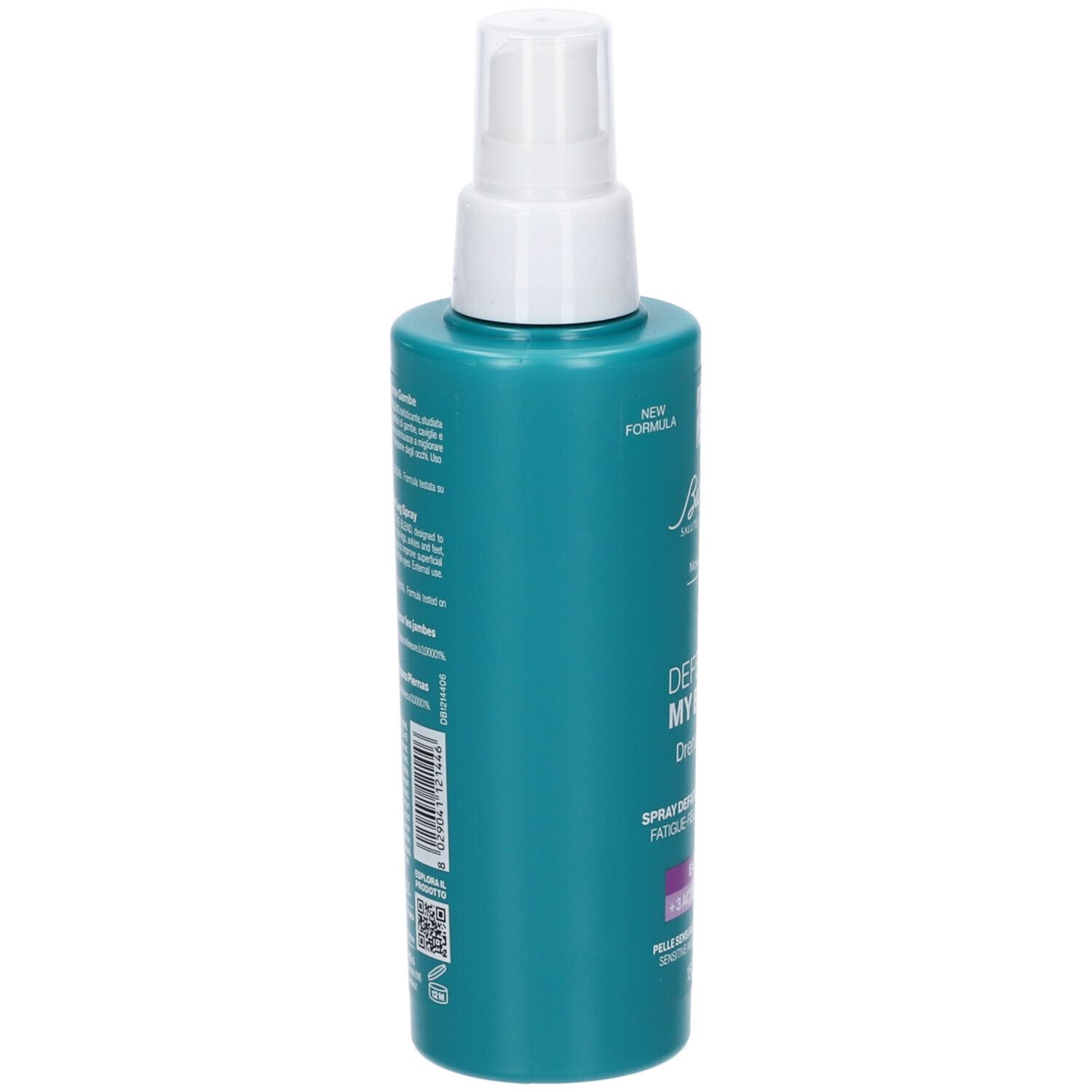 Flacone spray turchese. Erogatore bianco. Testo laterale. Codice QR e loghi.