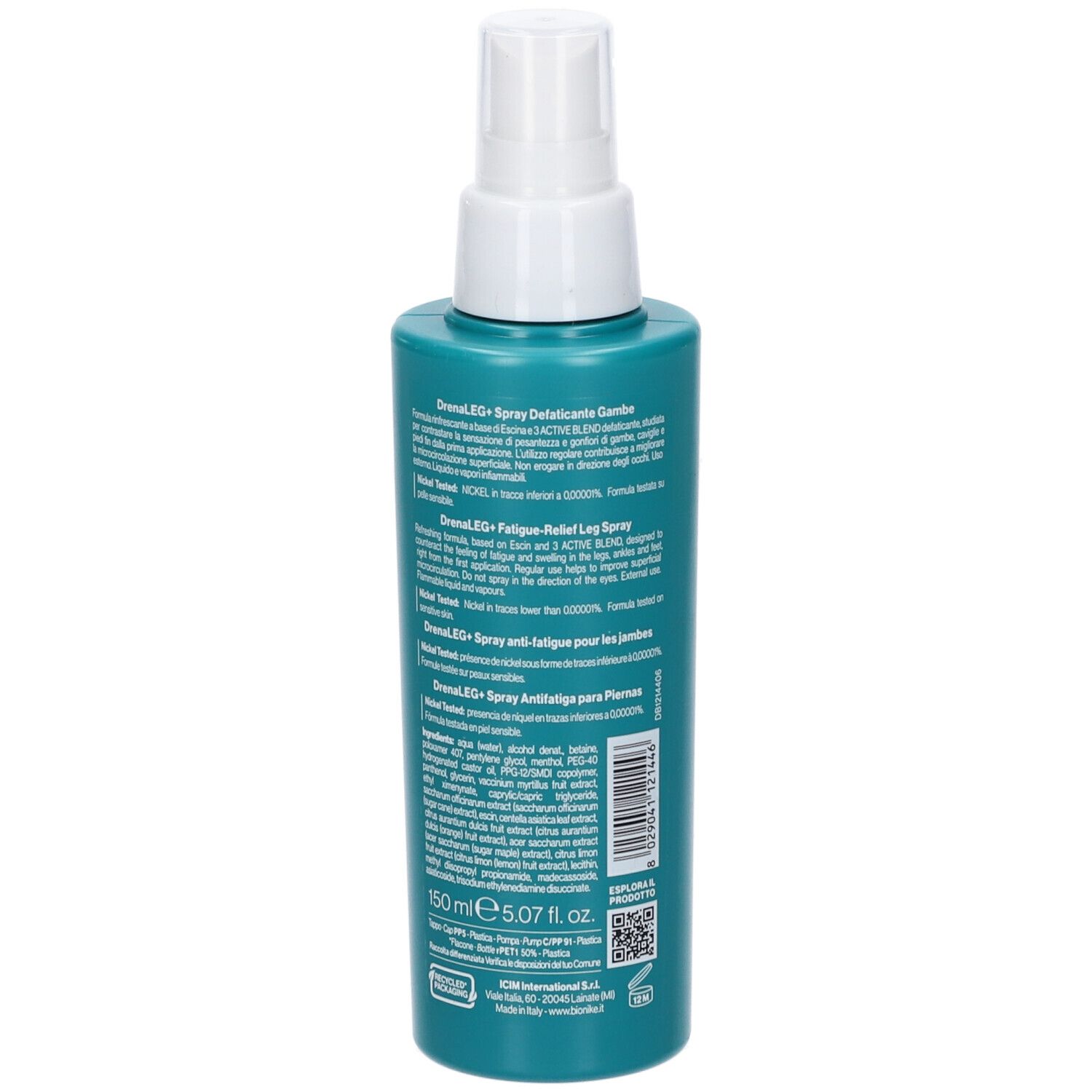 Flacone spray turchese. Erogatore bianco. Testo laterale. 150 ml. Loghi.