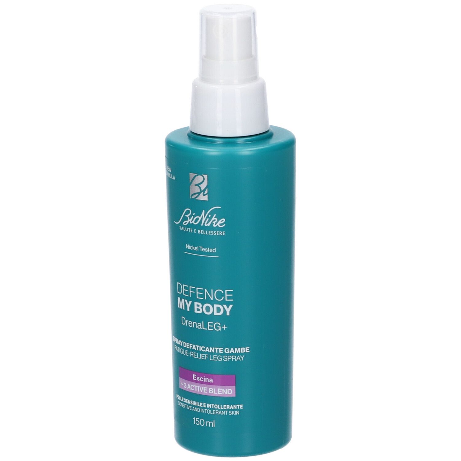 Flacone spray turchese. Erogatore bianco. Scritta: Bionike, Defence My Body Drenaleg+, Fatigue-Relief Leg Spray. 150 ml.
