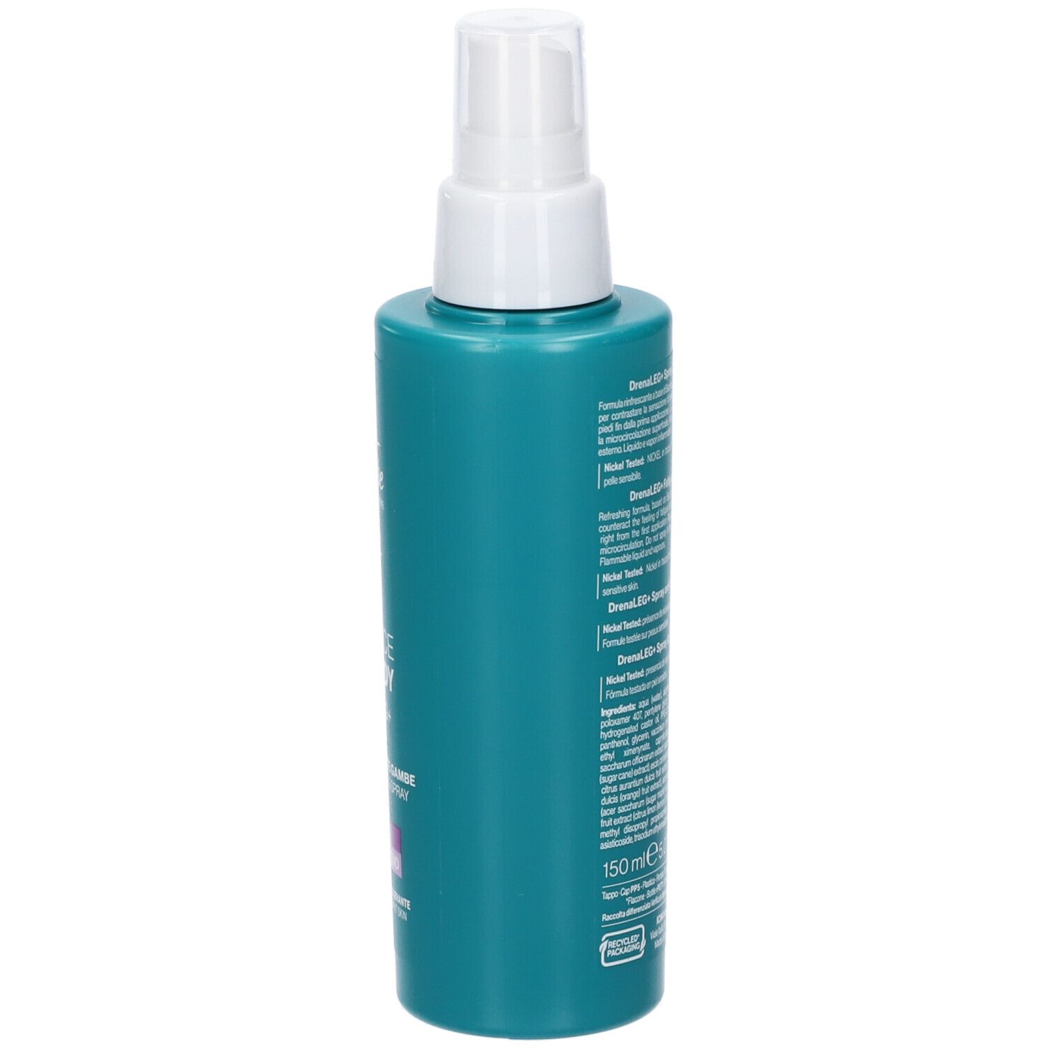 Flacone spray turchese. Erogatore bianco. Testo laterale. 150 ml. Loghi.
