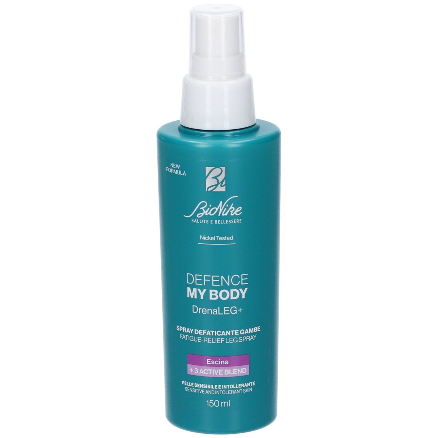 Flacone spray turchese. Erogatore bianco. Scritta: Bionike, Defence My Body Drenaleg+, Fatigue-Relief Leg Spray. 150 ml.