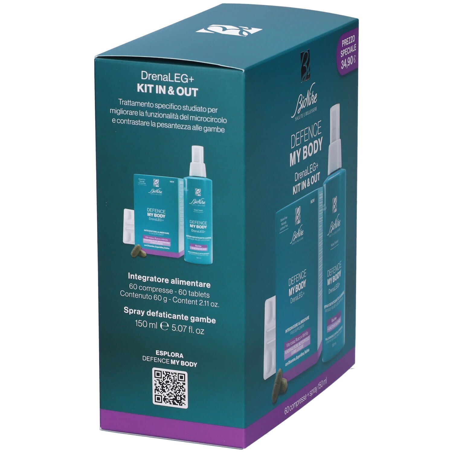 Scatola Bionike Defence My Body Drenaleg+ Kit. Contiene compresse, spray. Design turchese e bianco. Codice QR.