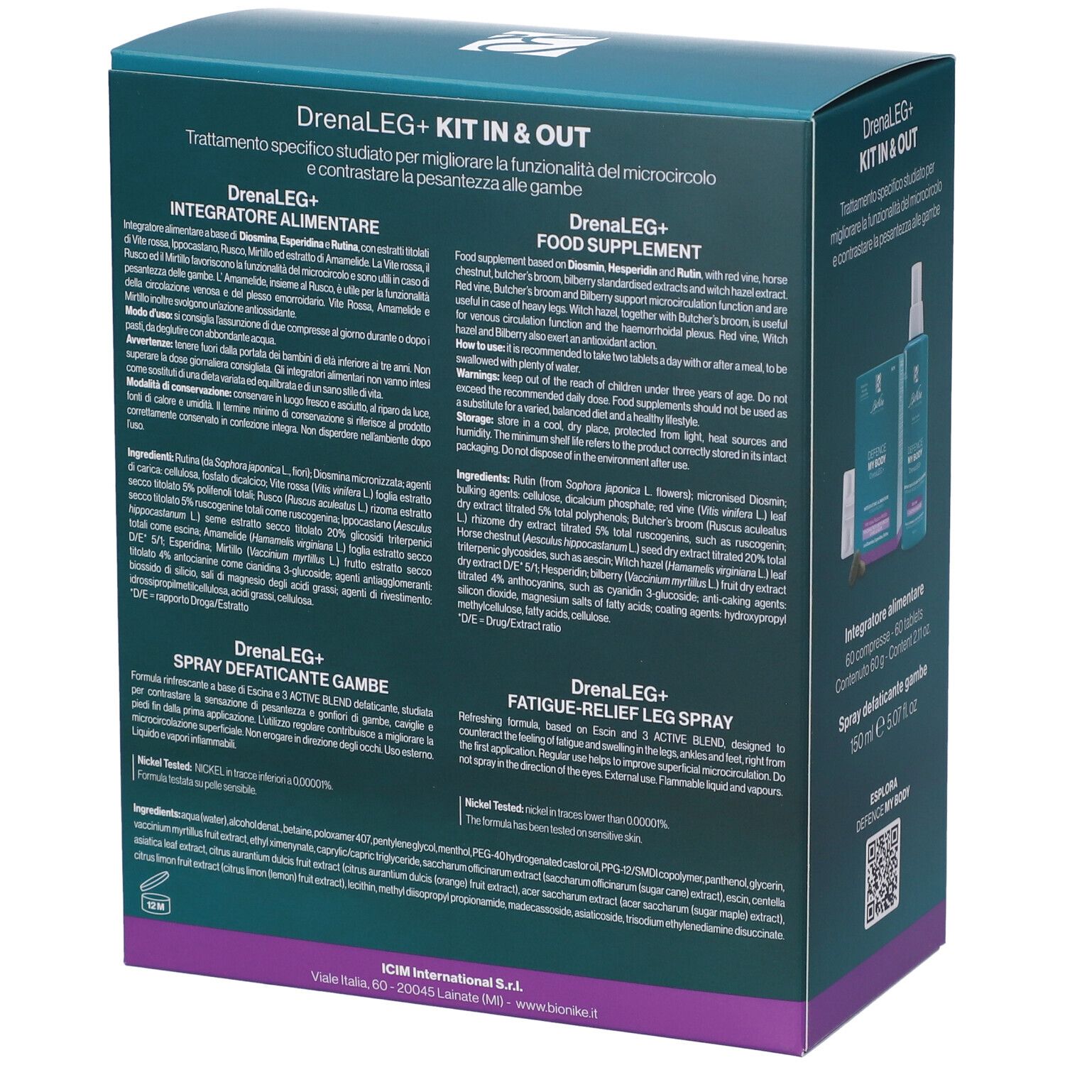 Retro della scatola Bionike Defence My Body Drenaleg+ Kit. Testo multilingue. Ingredienti e uso.