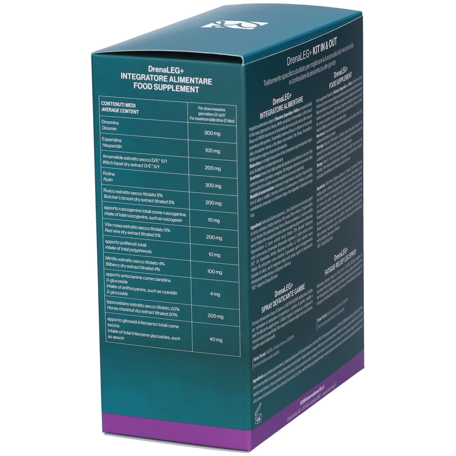 Dettaglio del retro della scatola Bionike Defence My Body Drenaleg+ Kit. Ingredienti e informazioni nutrizionali.