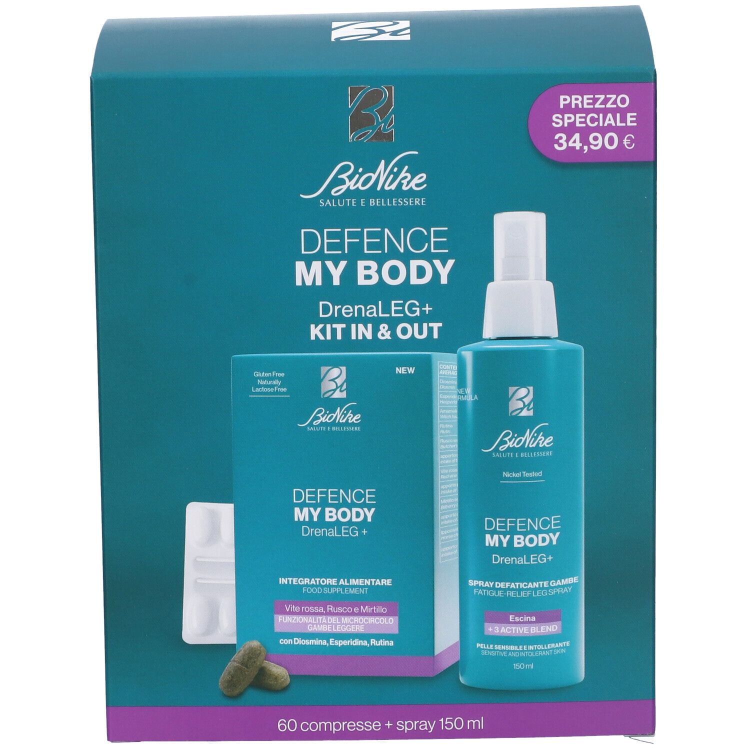 Scatola Bionike Defence My Body Drenaleg+ Kit. Compresse, spray e prezzo. Design turchese e bianco.