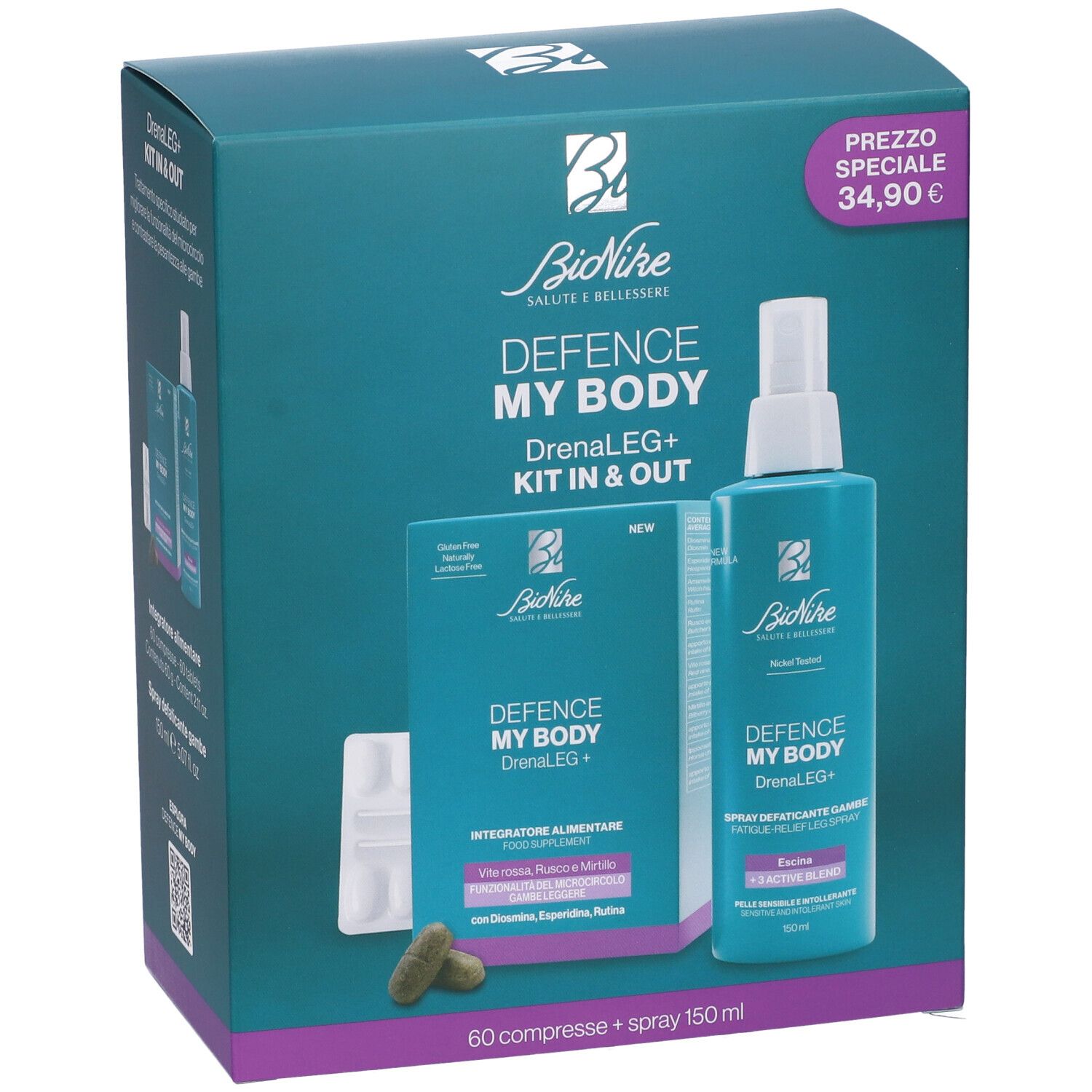 Scatola Bionike Defence My Body Drenaleg+ Kit. Compresse, spray e prezzo. Design turchese e bianco.