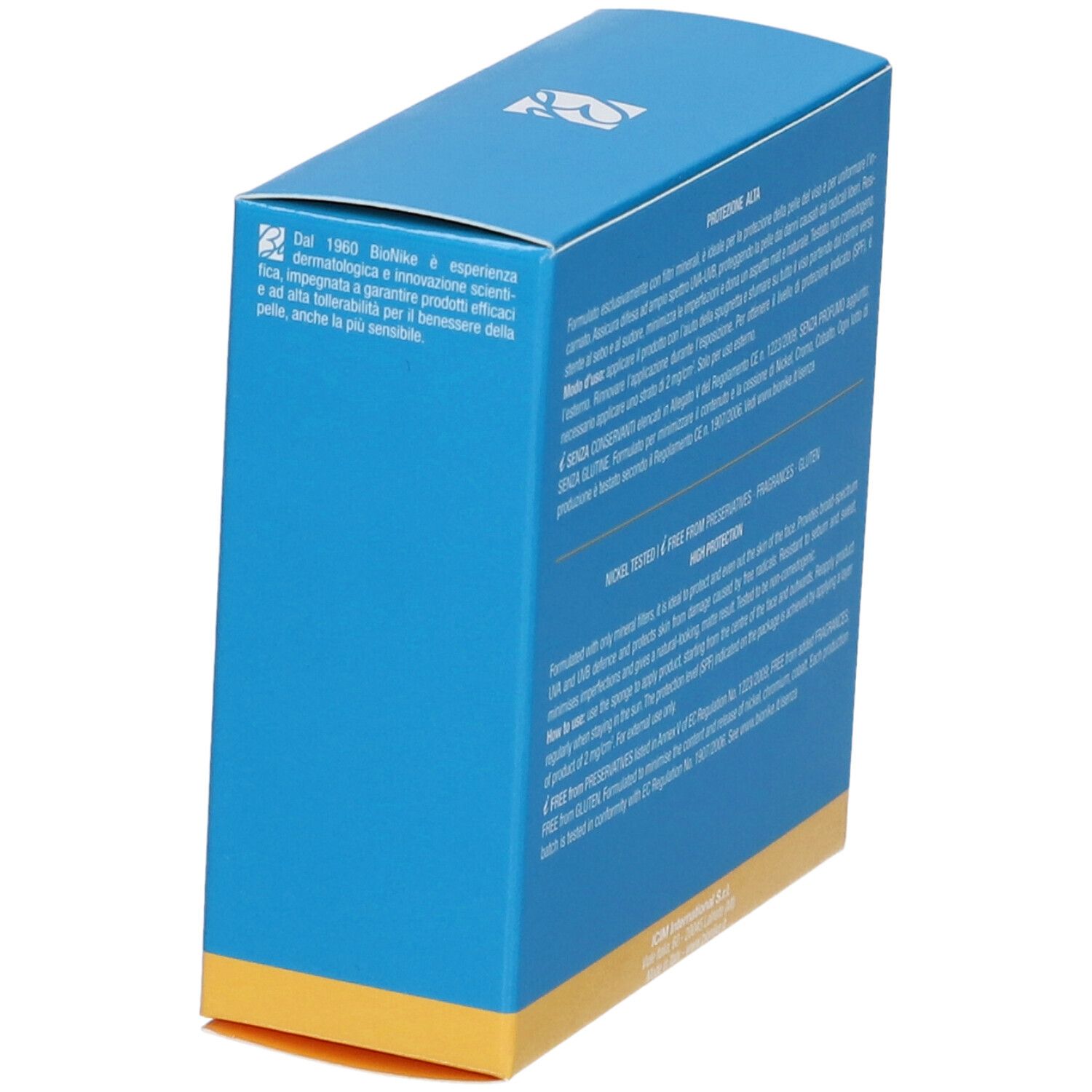 Scatola di imballaggio blu e gialla con testo e logo.