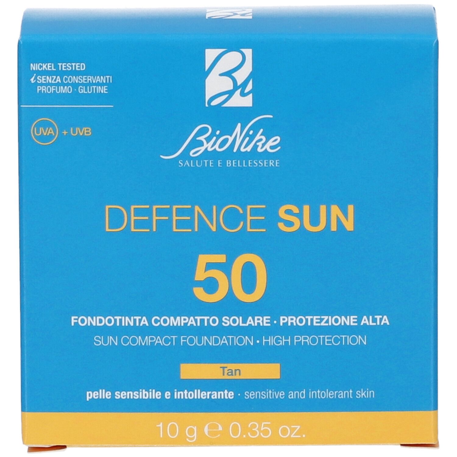 BioNike Defence Sun 50, fondotinta compatto solare, SPF 50, colorazione Tan, 10g.