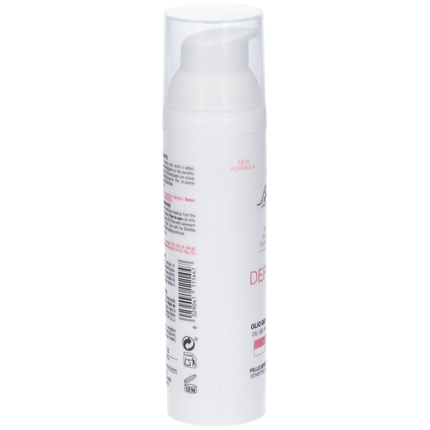 Flacone bianco con dosatore e tappo trasparente. Testo e codice a barre sul retro. Nome del prodotto non visibile.