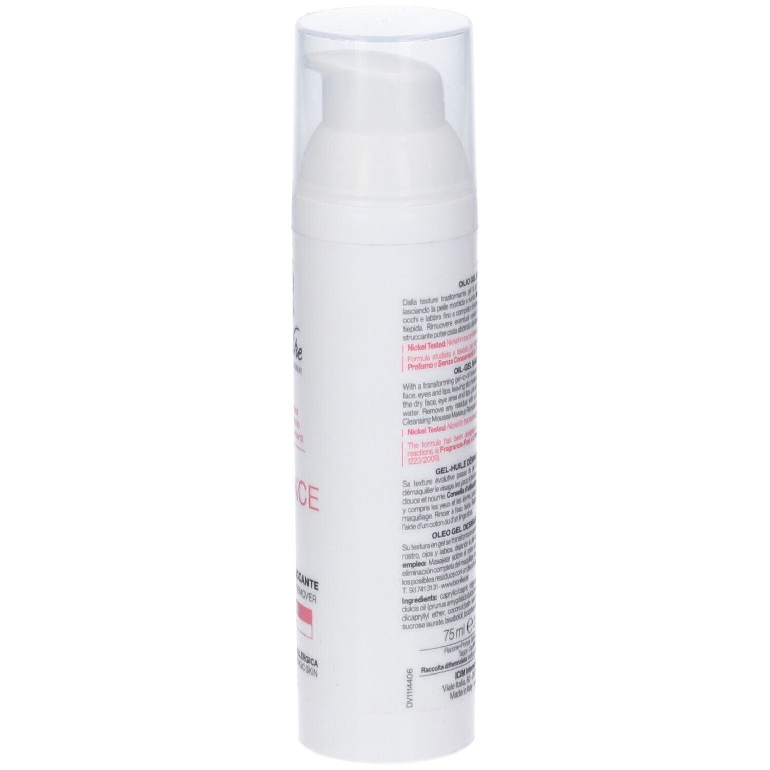 Flacone bianco con dosatore e tappo trasparente. Scritta DEFENCE, OLI-GEL STRUCCANTE. Per pelli sensibili.