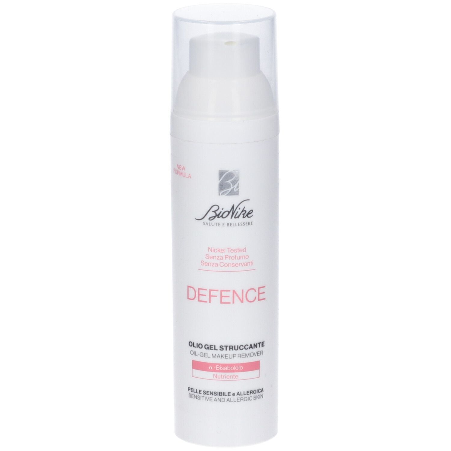 Flacone bianco con dosatore e tappo trasparente. Scritta DEFENCE, OLI-GEL STRUCCANTE. Per pelli sensibili.