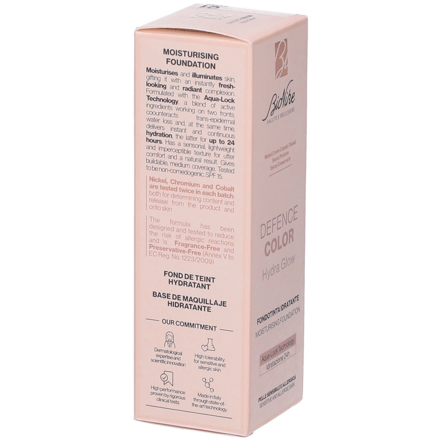 Bionike Defence Color Hydra Glow Fondotinta Idratante 01 Ivory. Retro della confezione. Testo: Aqua-Lock Technology, Fond de teint hydratant.