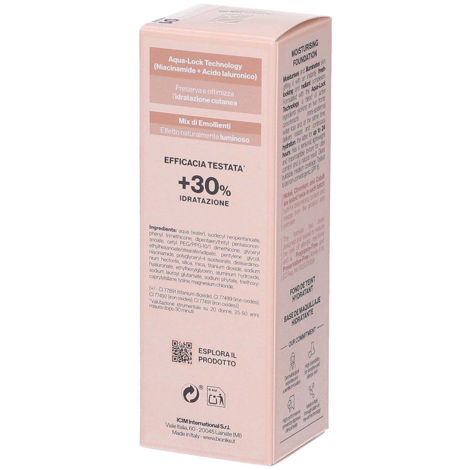 Bionike Defence Color Hydra Glow Fondotinta Idratante 01 Ivory. Confezione. Testo: +30% Idratatione, Aqua-Lock Technology, Ingredienti.