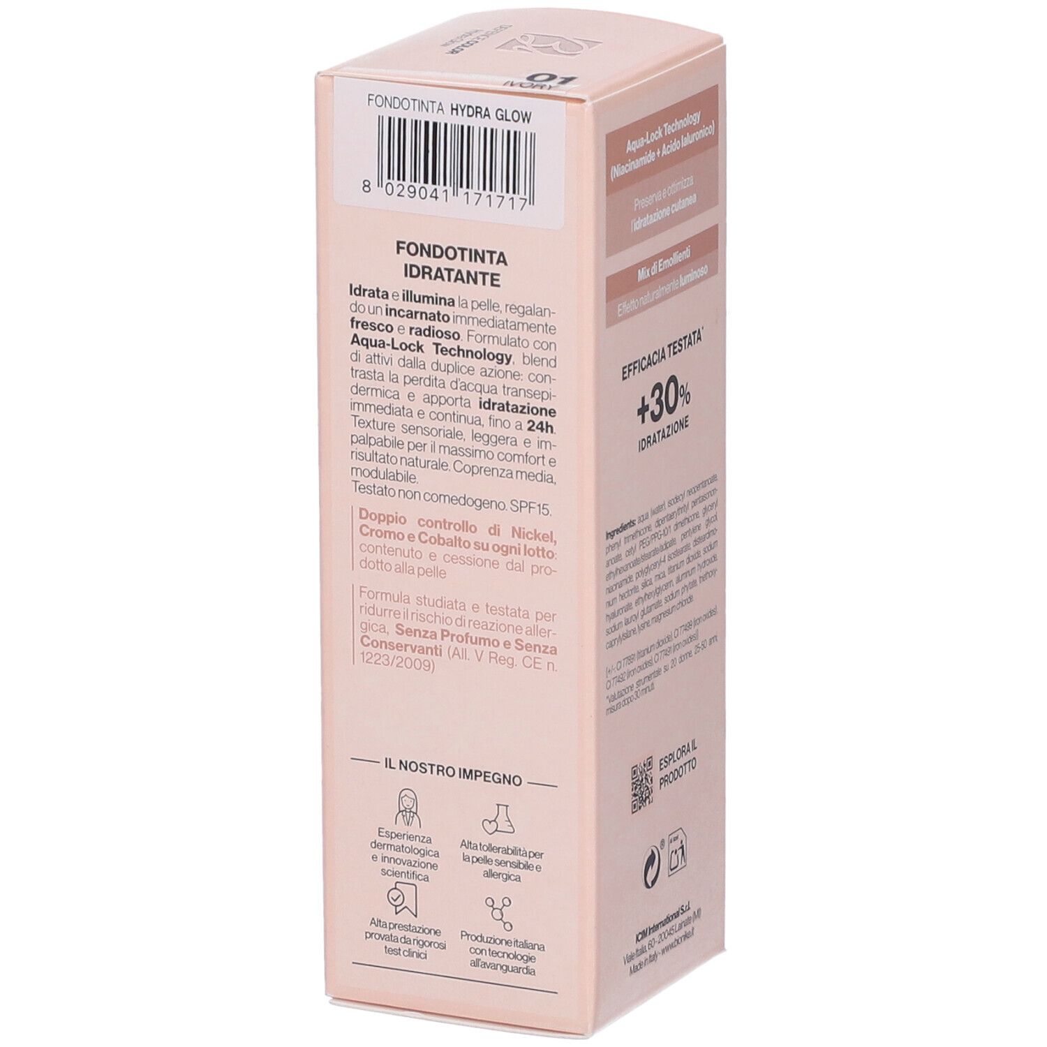 Bionike Defence Color Hydra Glow Fondotinta Idratante 01 Ivory. Confezione. Testo: Fondotinta Idratante, Hydra Glow, 01 Ivory, +30% Idratatione.
