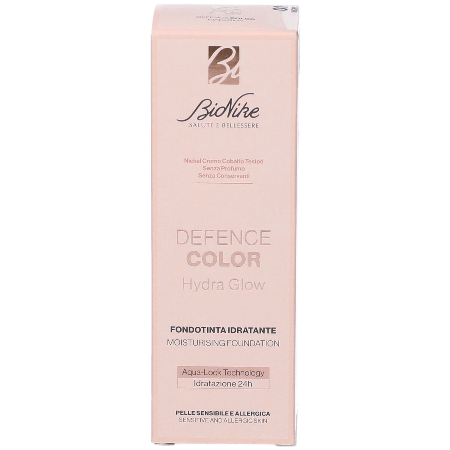 Bionike Defence Color Hydra Glow Fondotinta Idratante 01 Ivory. Confezione rosa. Testo: Defence Color, Hydra Glow, Fondotinta Idratante, Aqua-Lock Technology.