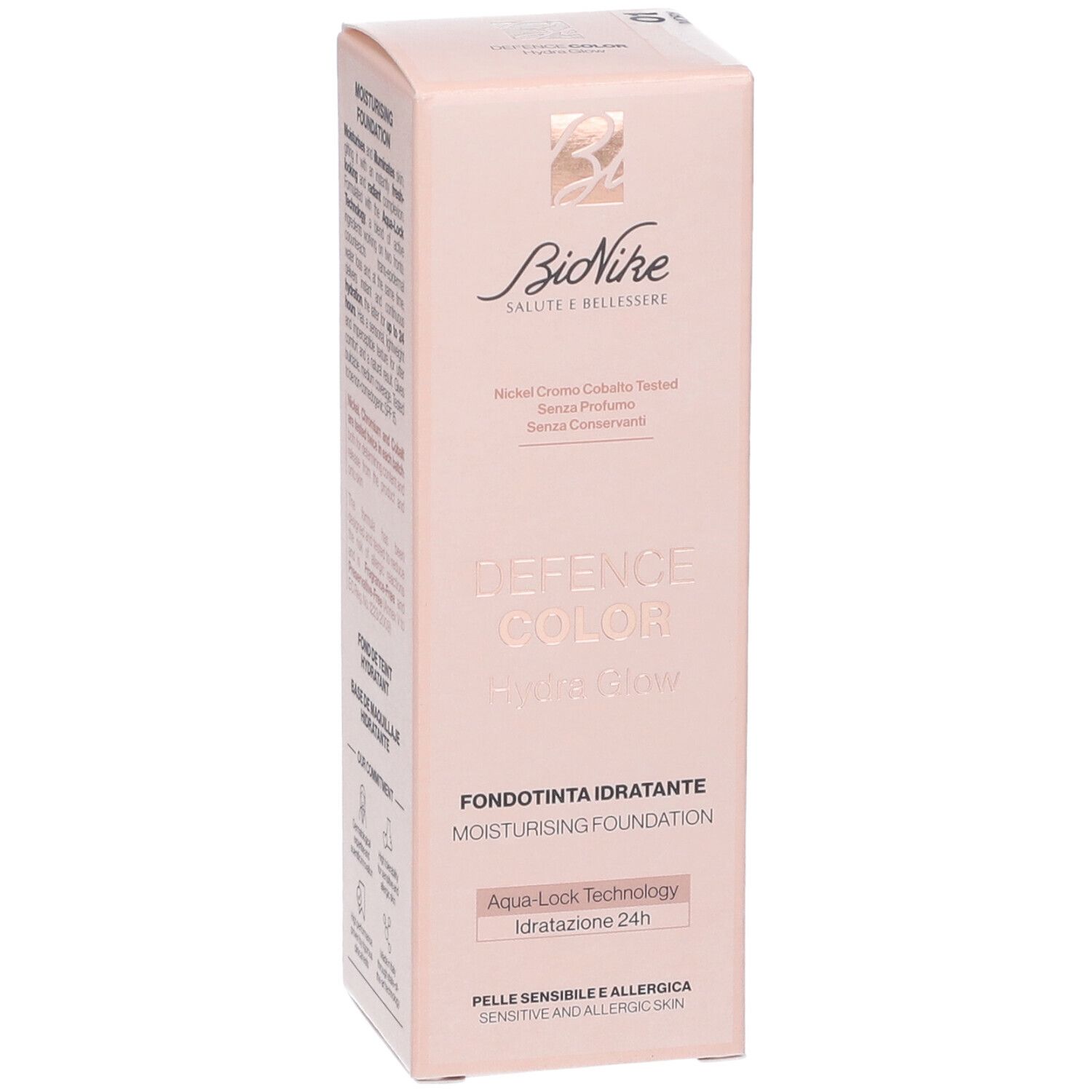 Bionike Defence Color Hydra Glow Fondotinta Idratante 01 Ivory. Confezione rosa. Testo: Defence Color, Hydra Glow, Fondotinta Idratante, Aqua-Lock Technology.